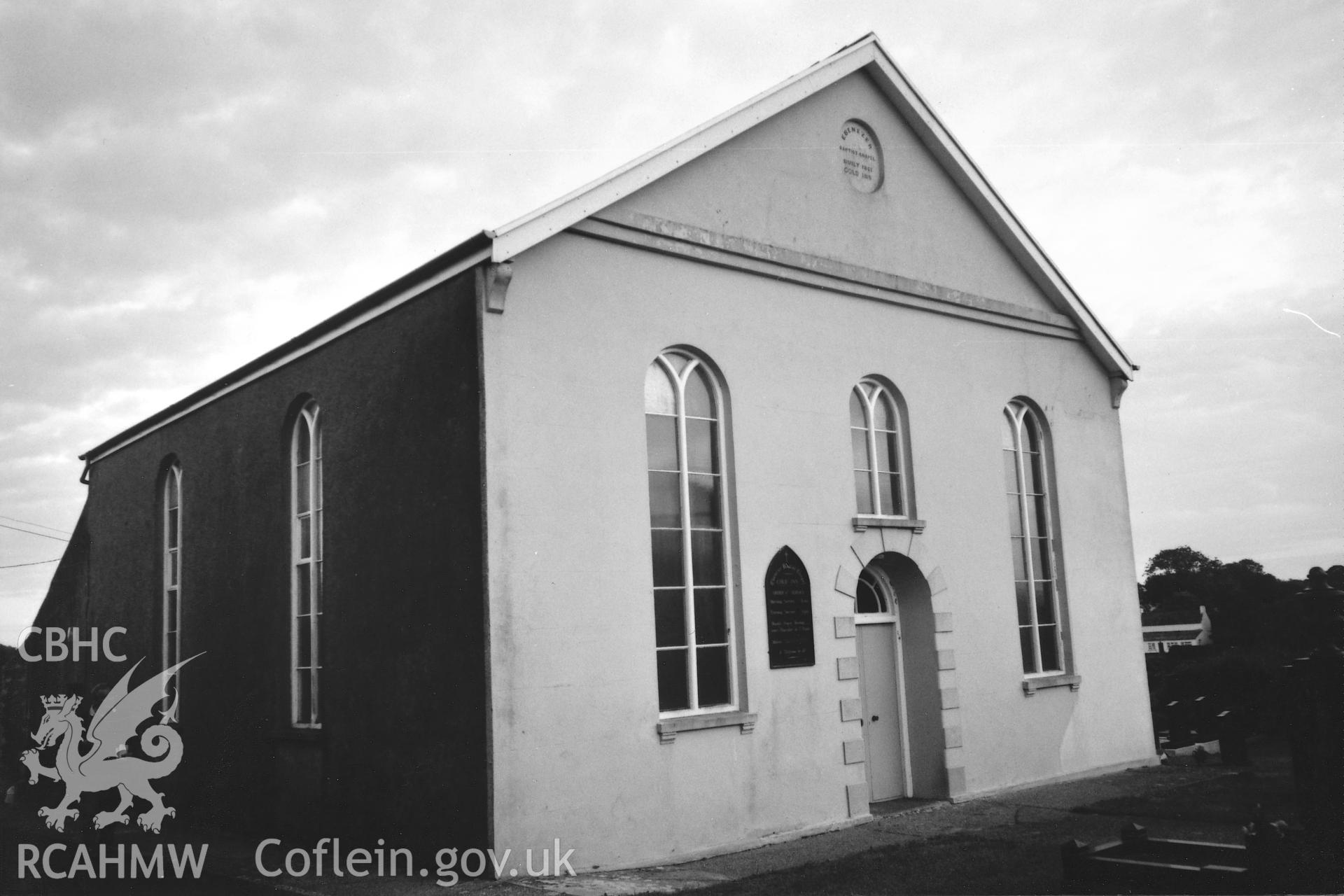 Digital copy of a black and white photograph showing a general view of Ebenezer Baptist Chapel, Cold Inn, taken by Robert Scourfield, 1996.