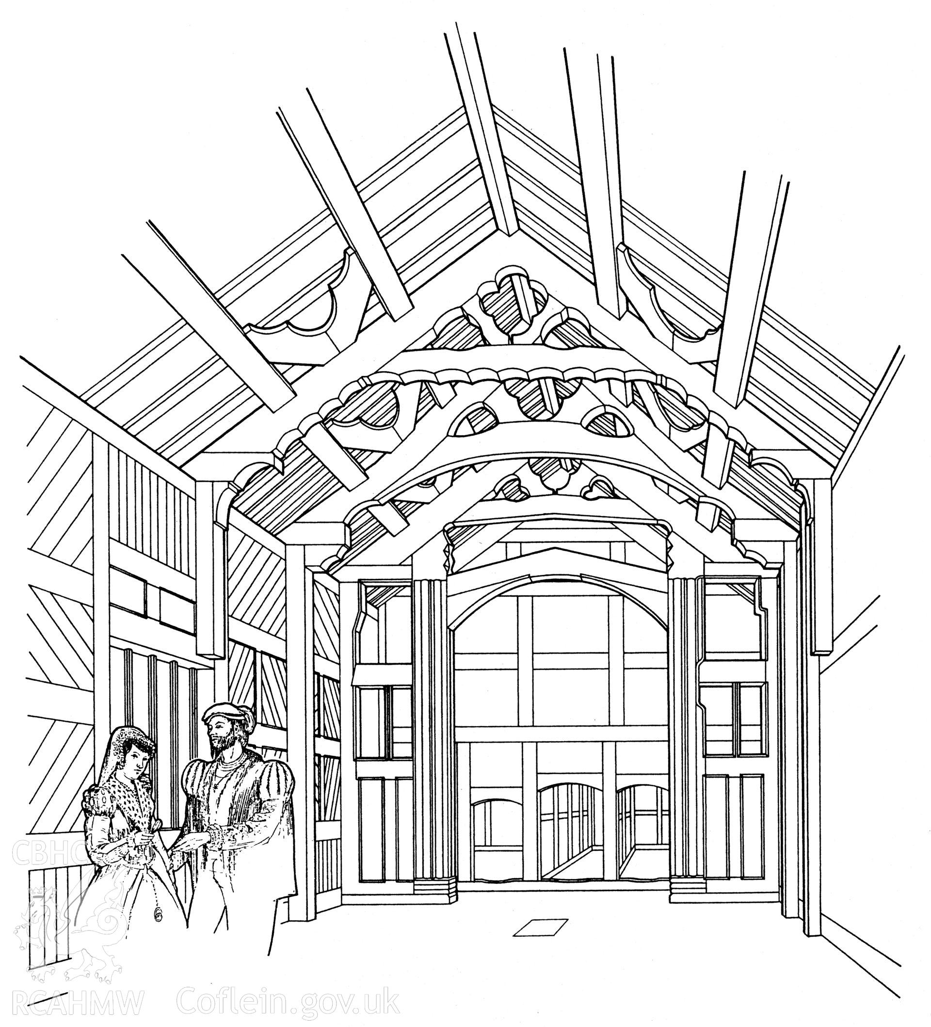 Digitised copy of a pen and ink reconstruction drawing of Althrey Hall, from RCAHMW publication, Houses of the Welsh Countryside, fig 201. Original not catalogued in NMRW Archive.