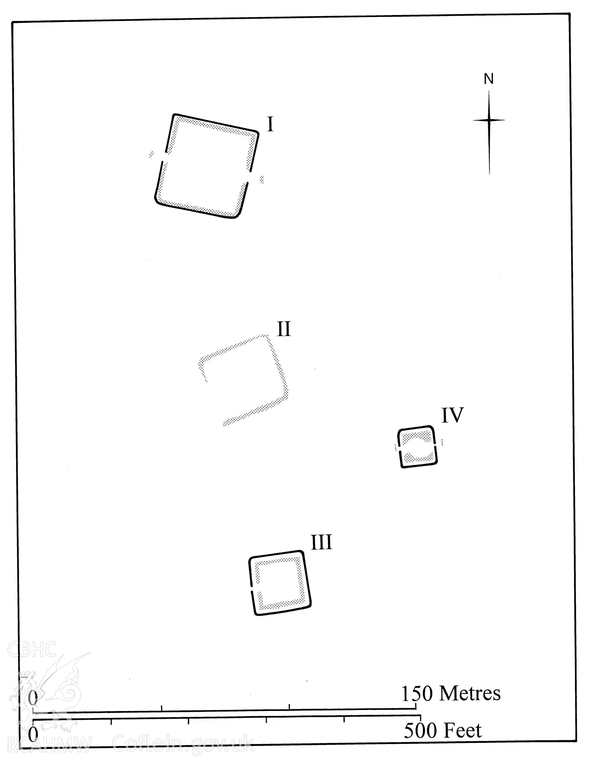 Figure 116: Paper and digitised copy of drawing of the Llyn Hiraethlyn practice camps I, II III and IV, produced for University of Wales Press publication "Roman Camps in Wales and the Marches", by J.L. Davies and R.H. Jones, Board of Celtic Studies, University of Wales.
