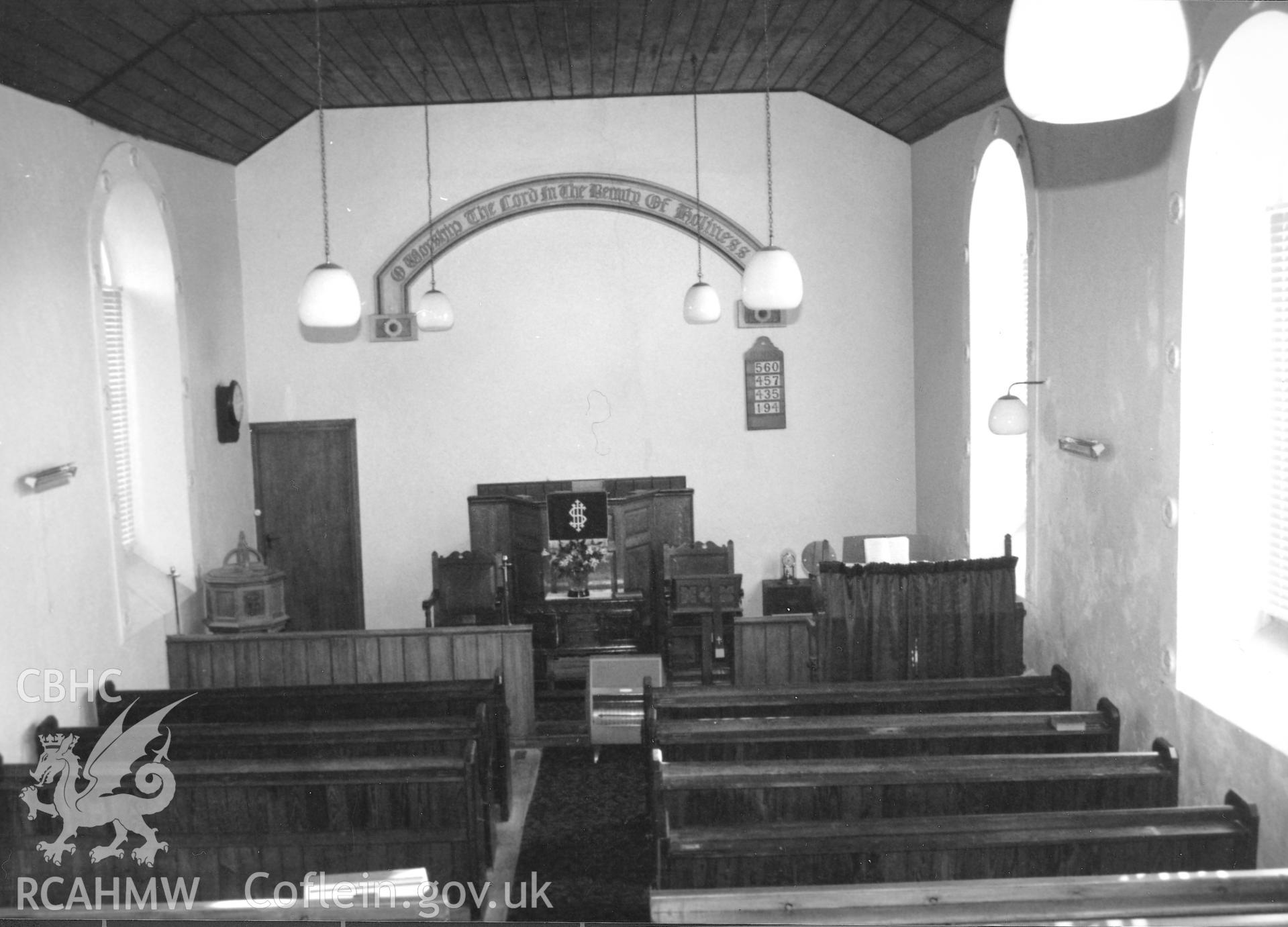 Digital copy of a black and white photograph showing general interior view of Thorne Calvinistic Methodist Chapel,  Merrion, taken by Robert Scourfield, c.1996.
