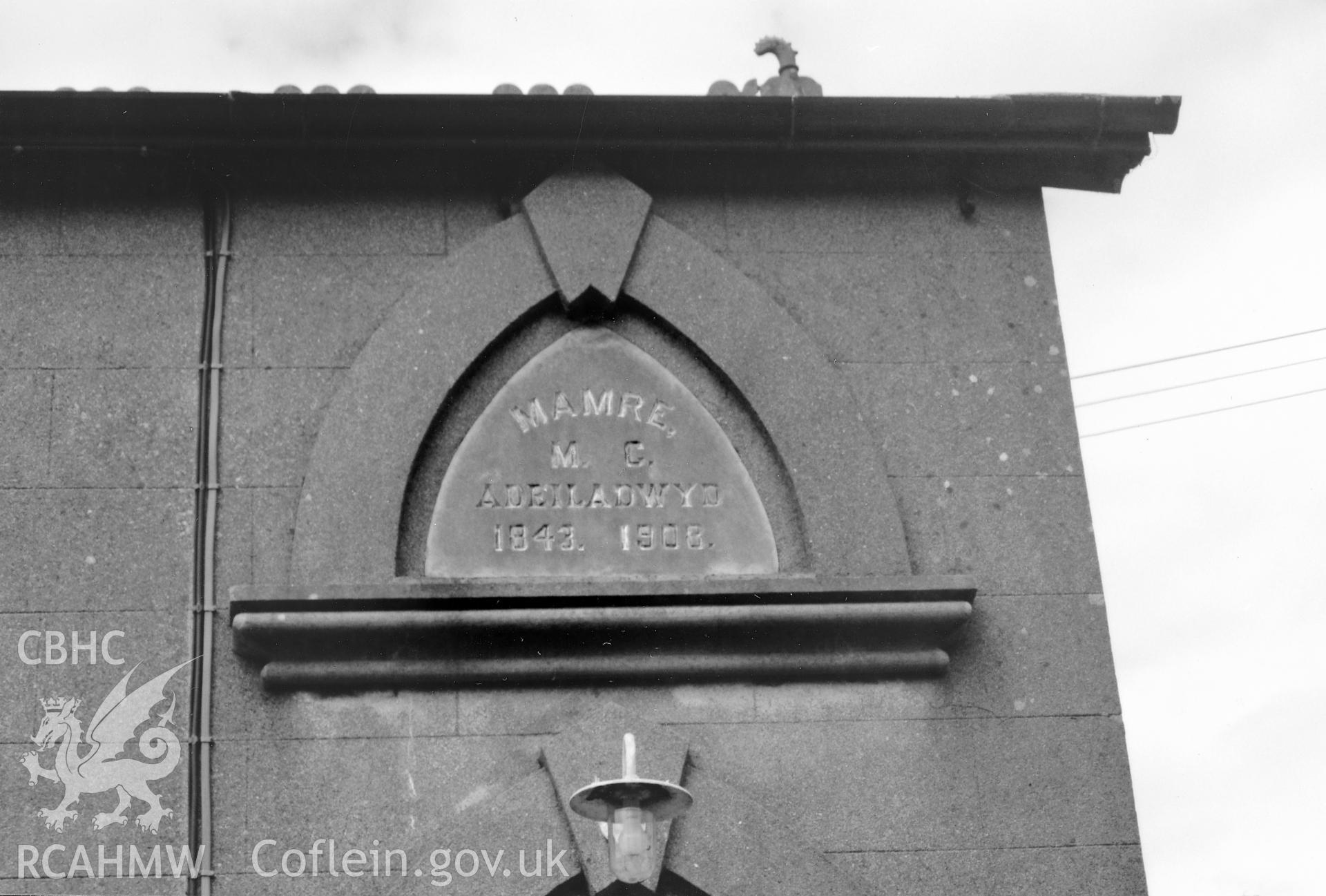 Digital copy of a black and white photograph showing a view of datestone at Mamre Chapel, Trecwn, taken by Robert Scourfield, 1996.