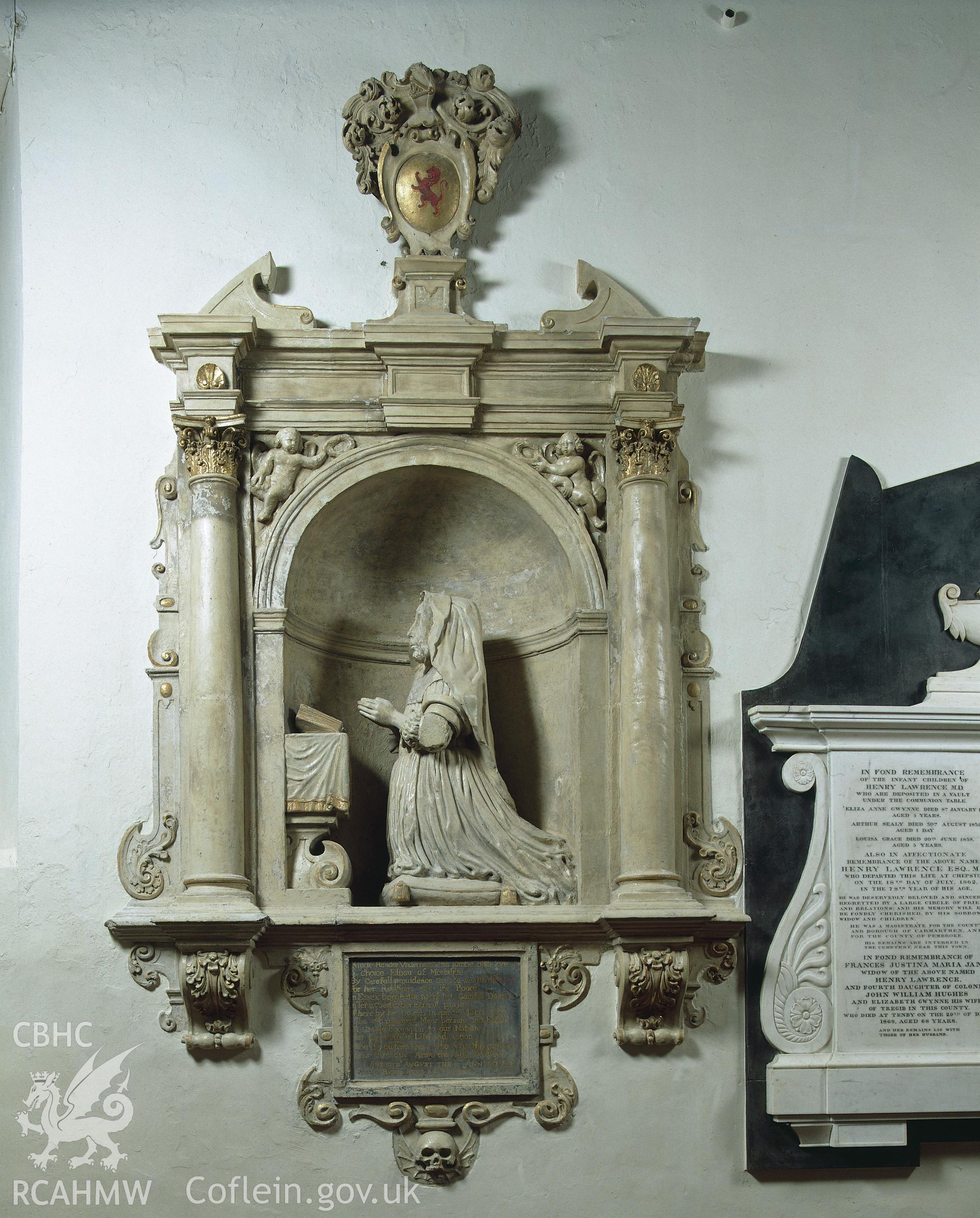 RCAHMW colour transparency showing detail of a monument to Lady Vaughan, in St Peter's Church, Carmarthen.