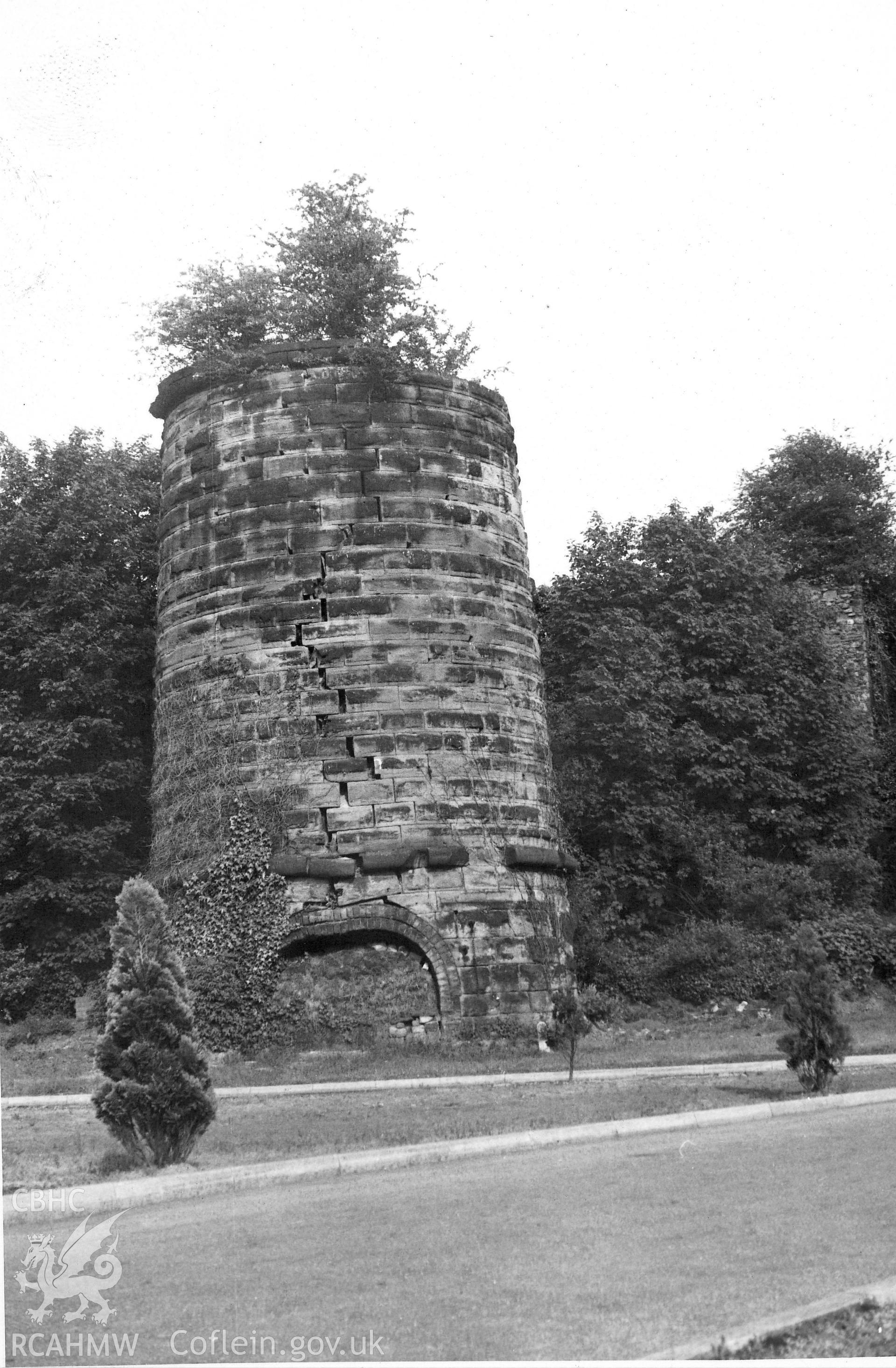 Black and white print of exterior view of Acefair Blast Furnace, Cefn, 1962.