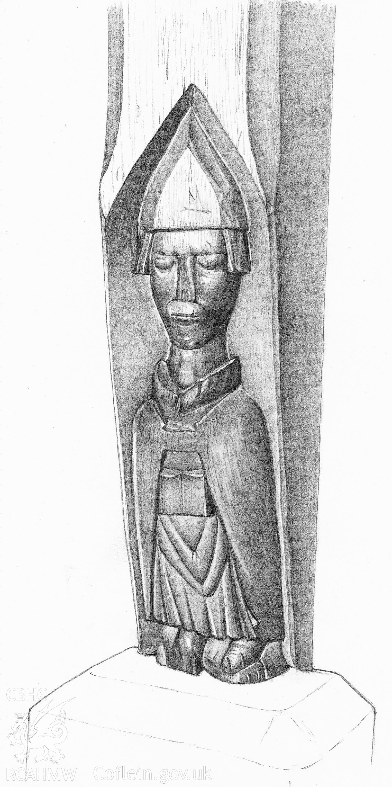 Pencil drawing of the figure of a bishop carved at the cruck base at the Old Vicarage, Glasbury, as published in the RCAHMW volume, Houses and History in the Marches of Wales. Radnorshire 1400-1800,  page 48, figure 39.