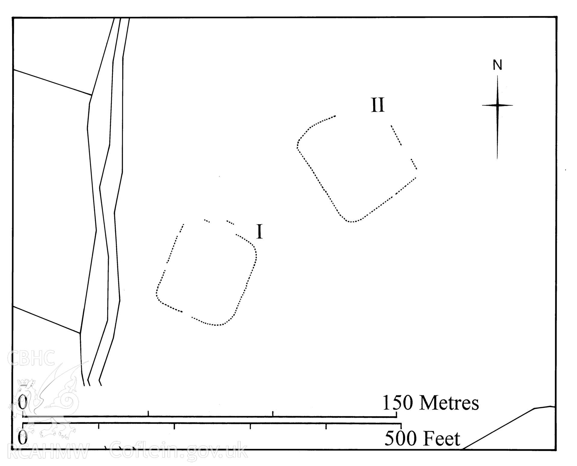 Figure 112: Paper and digitised copy of drawing of the Dolddinas practice camps I and II, produced for University of Wales Press publication "Roman Camps in Wales and the Marches", by J.L. Davies and R.H. Jones, Board of Celtic Studies, University of Wales.