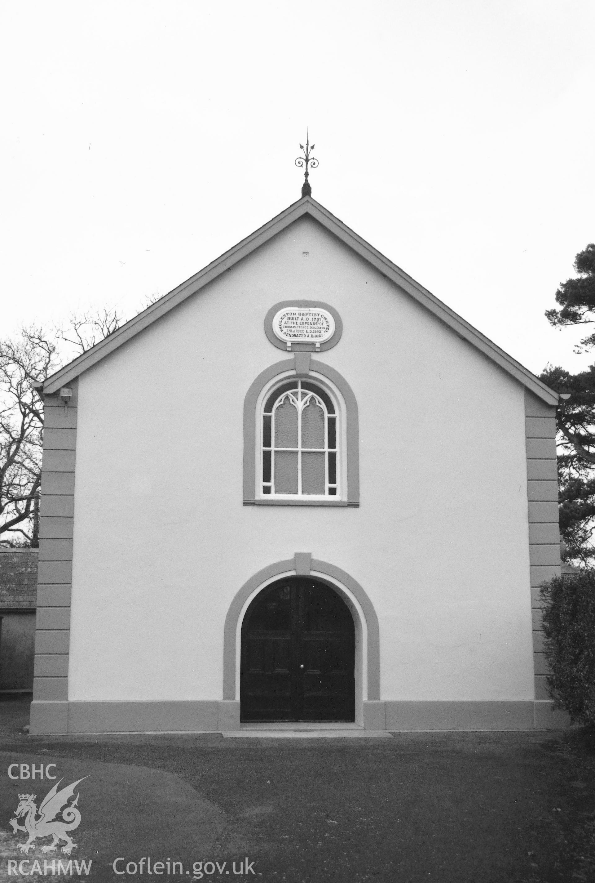 Digital copy of a black and white photograph showing a general view of Molleston Chapel, taken by Robert Scourfield, 1995.