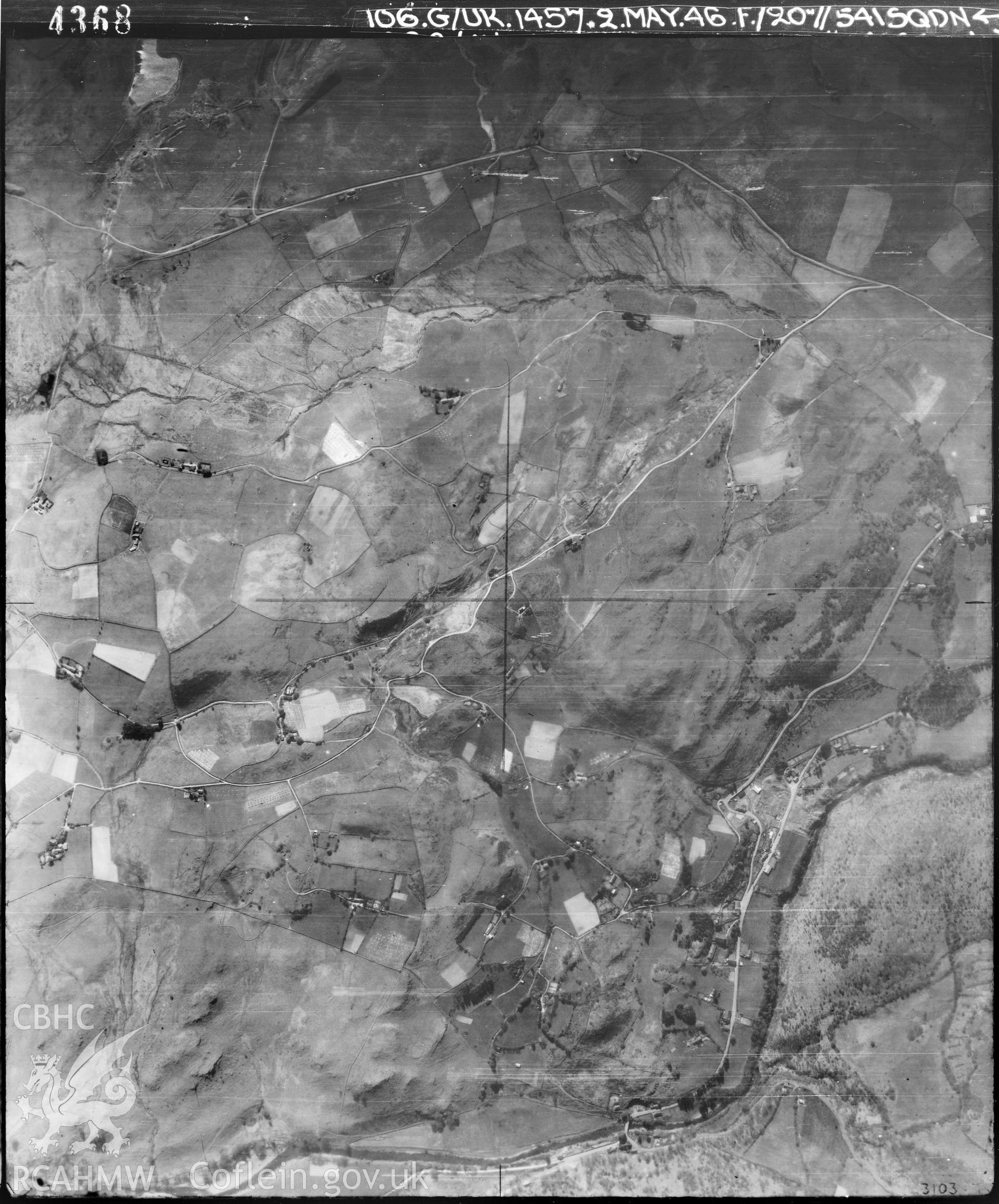 Pen Glog Uchaf, Ysbytty Ystwyth; black and white vertical aerial photograph taken by the RAF on 02/05/1946 centred on SN74347185 at a scale of 1:10000. The photograph includes part of Ysbyty Ystwyth community in Ceredigion.