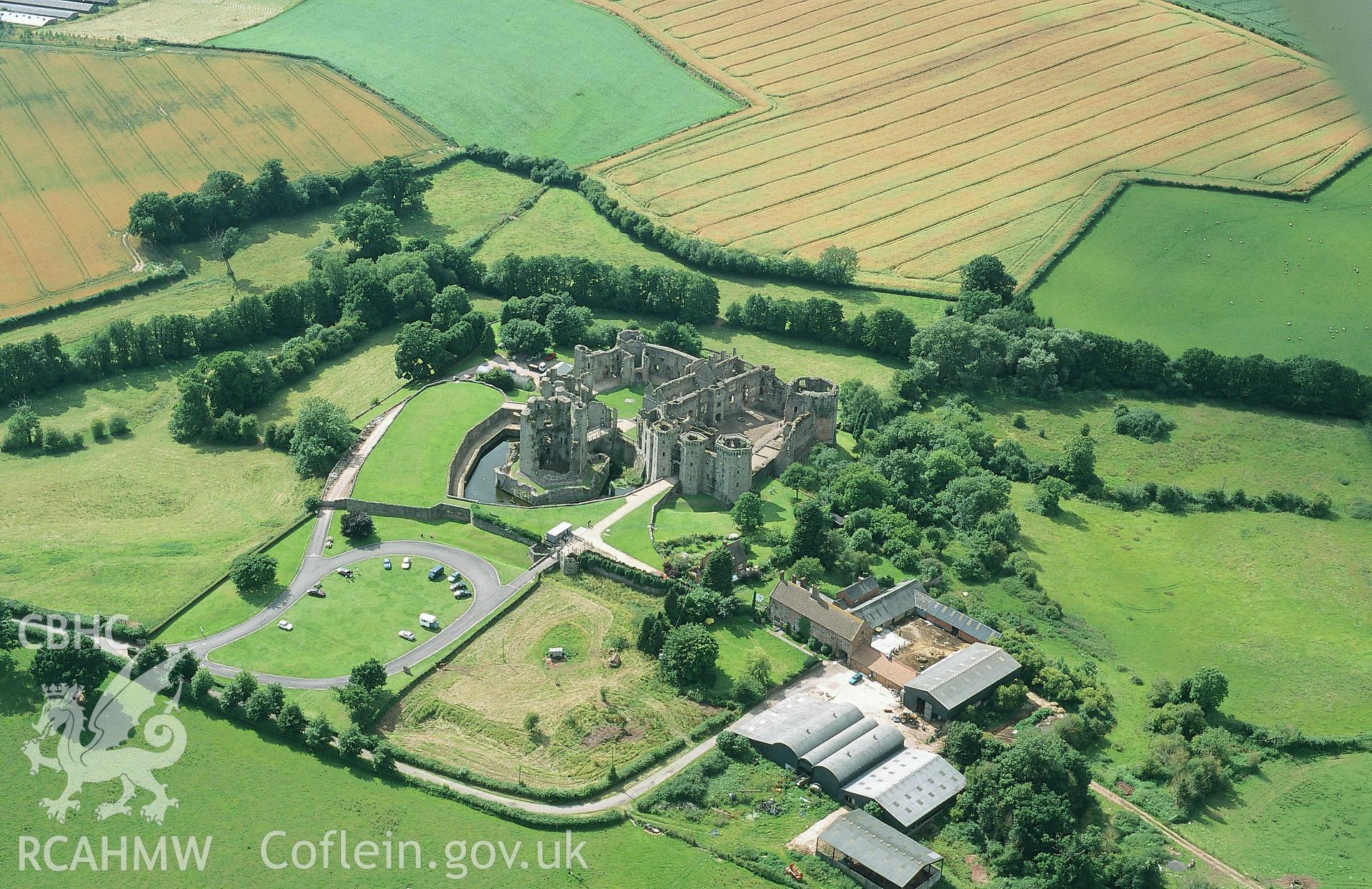 RCAHMW colour slide oblique aerial photograph of Raglan Castle, taken by Toby Driver, 2001