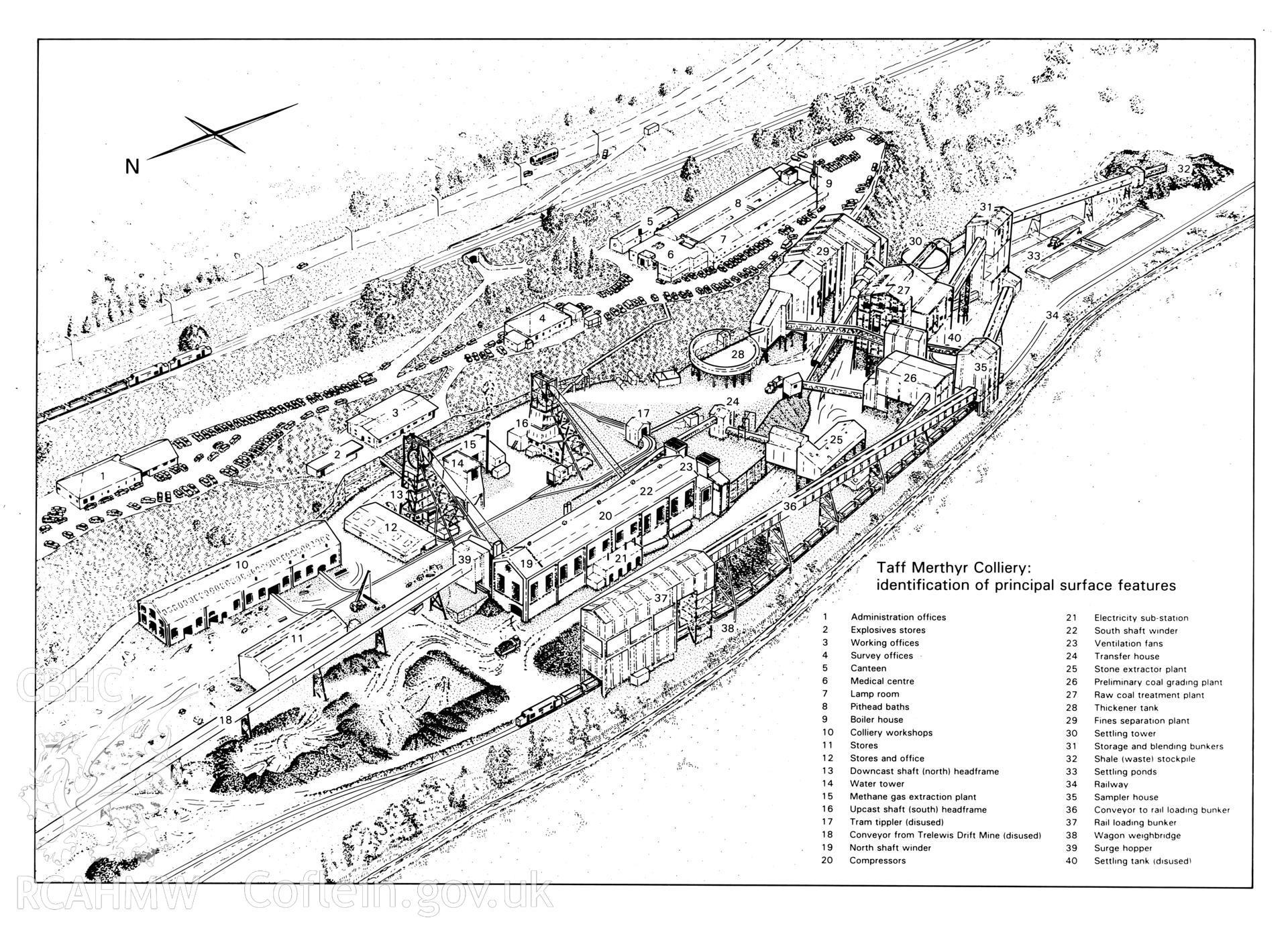 Digitized image of a 1996 pen and ink drawing of Taff Merthyr Colliery.