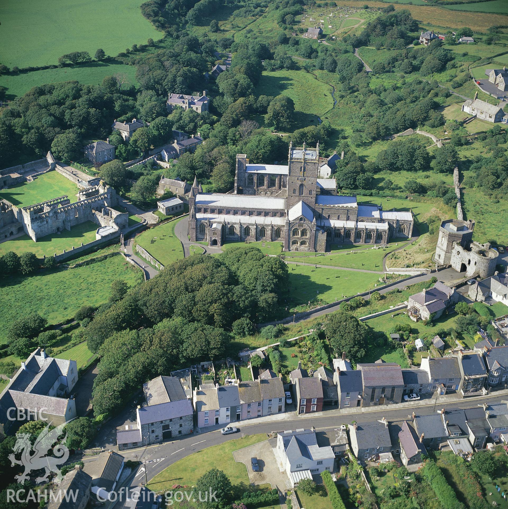 RCAHMW colour oblique aerial photograph of St David's Cathedral, taken by C R Musson, 1990.