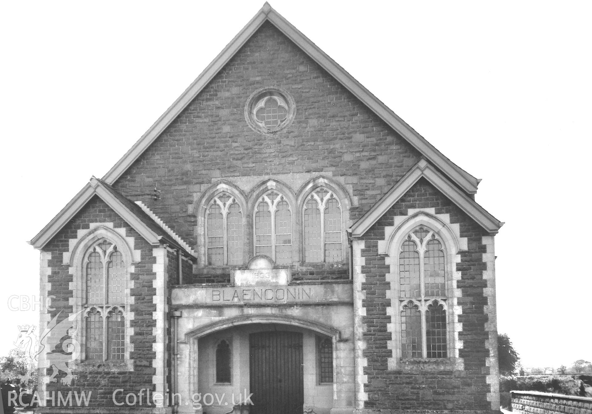 Digital copy of a black and white photograph showing an exterior view of Blaenconnin Baptist Chapel, Llandissilio, taken by Robert Scourfield, 1995.