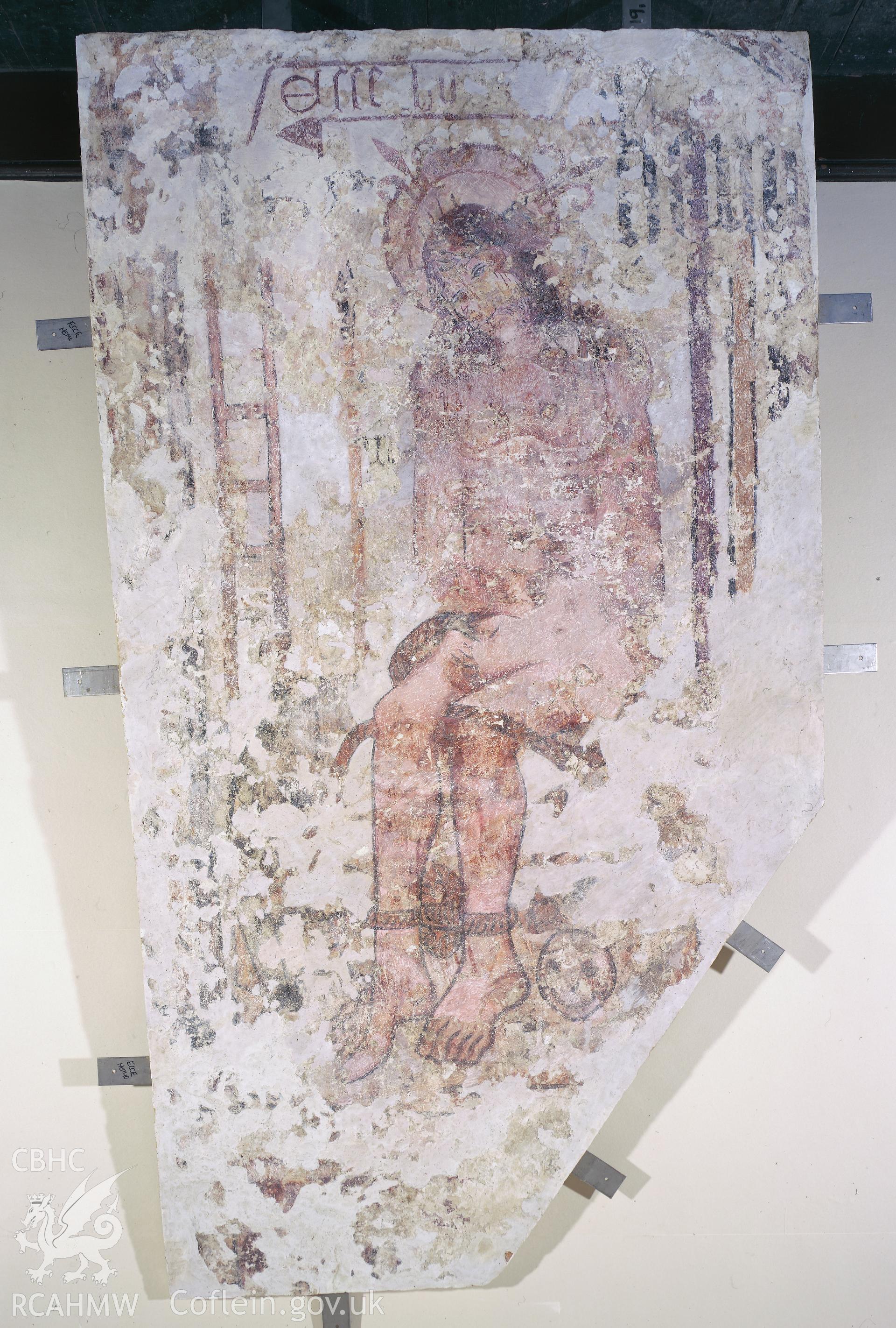 RCAHMW colour transparency of the  wallpainting showing image of Christ, at Llandeilo Talybont Church.