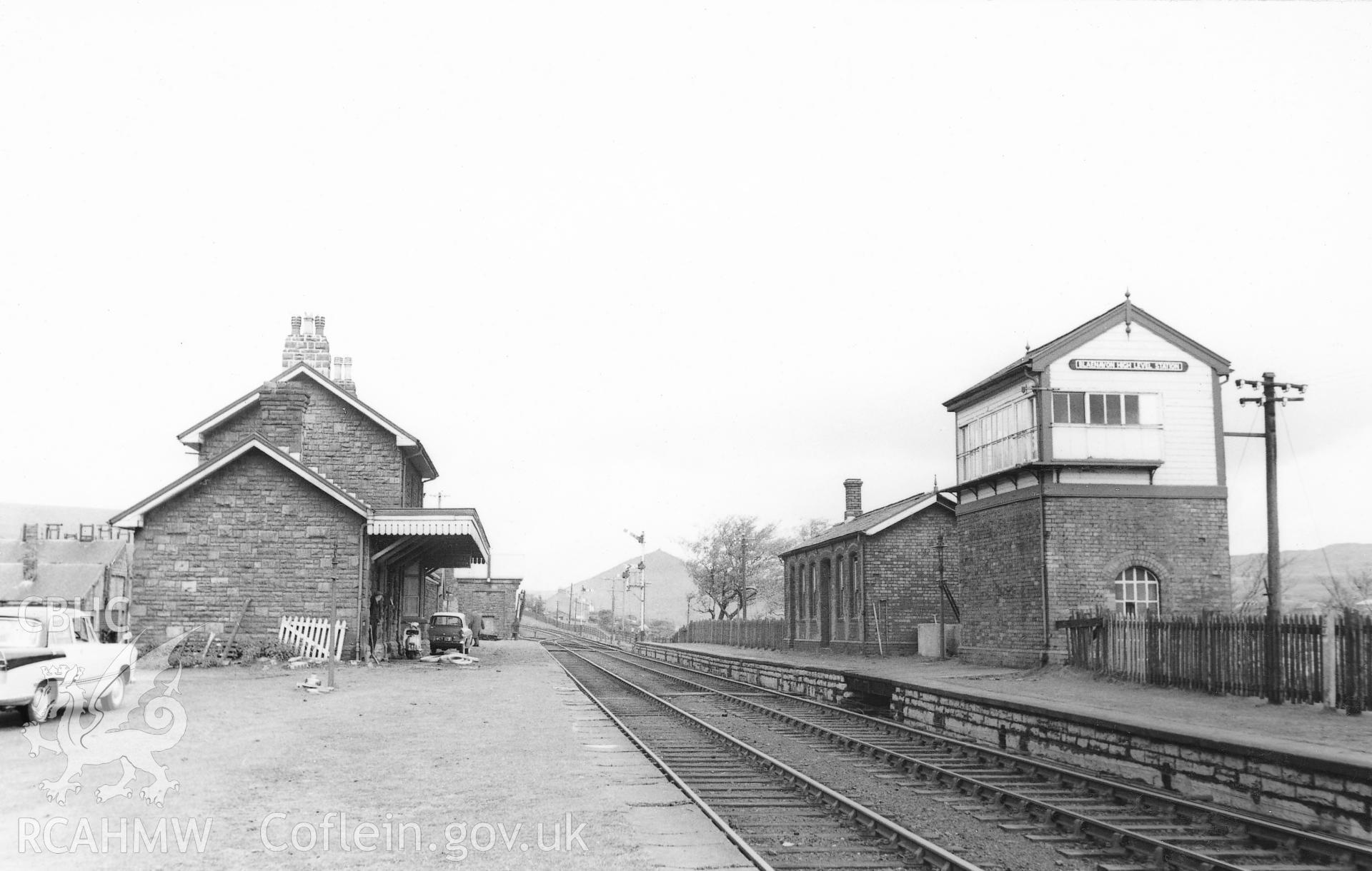 Black and white postcard showing view of Blaenavon Railway Station (higher level). From Rokeby Album VII part 1 of 2 no.11b. Photograph taken in 1961.