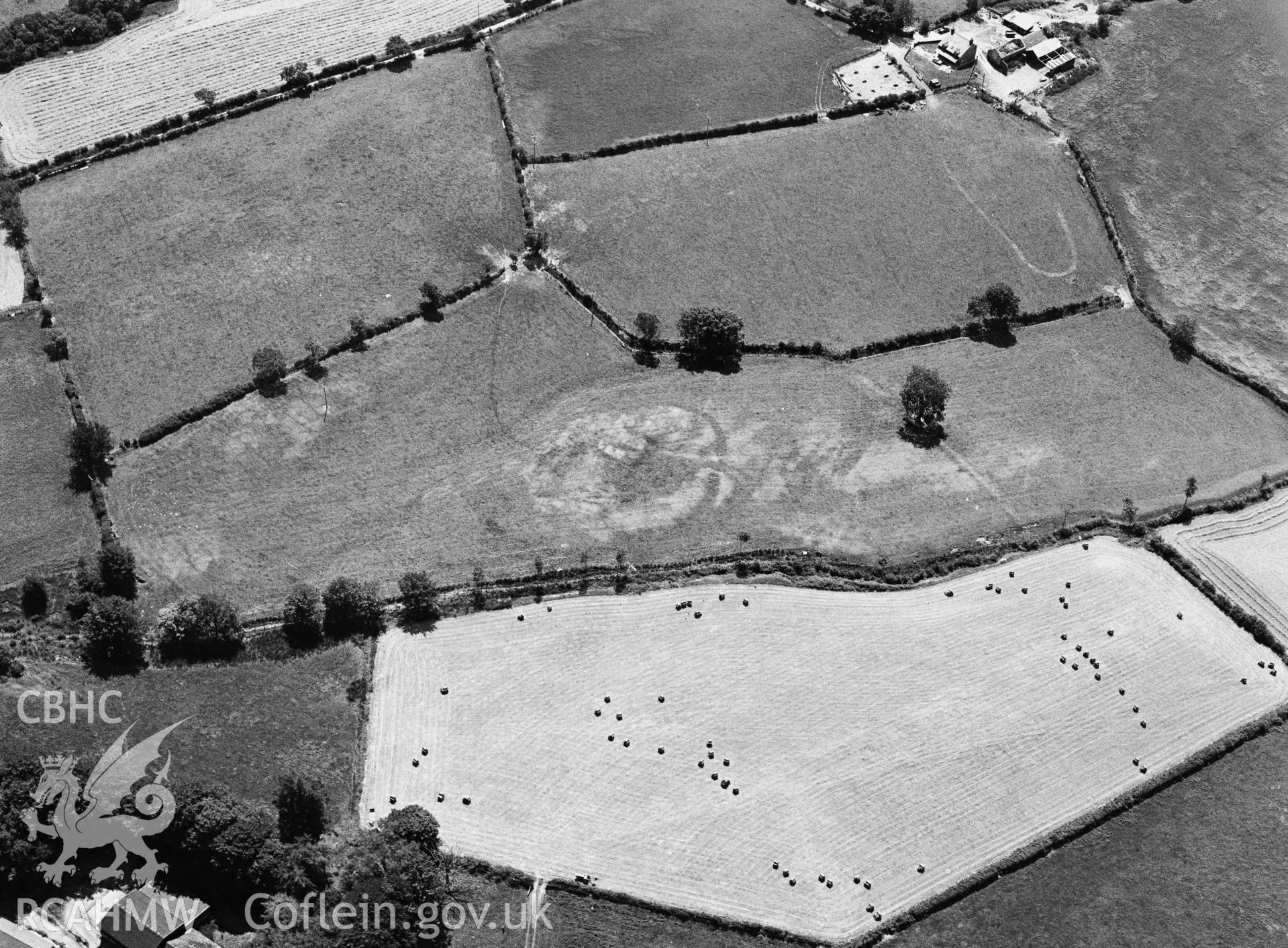 RCAHMW black and white aerial photograph of Llwyn Bwch southwest, defended enclosure. Taken by Toby Driver on 14/07/2003
