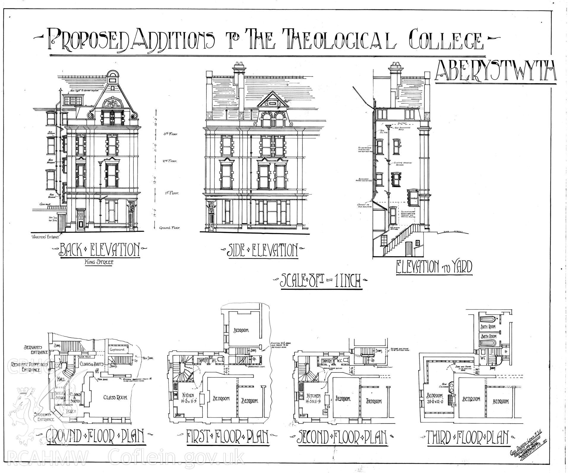Pen and ink architectural drawing of elevation and floor plans of  proposed additions to the United Theological College, Aberystwyth, (formerly the Hotel Cambria), 1907.