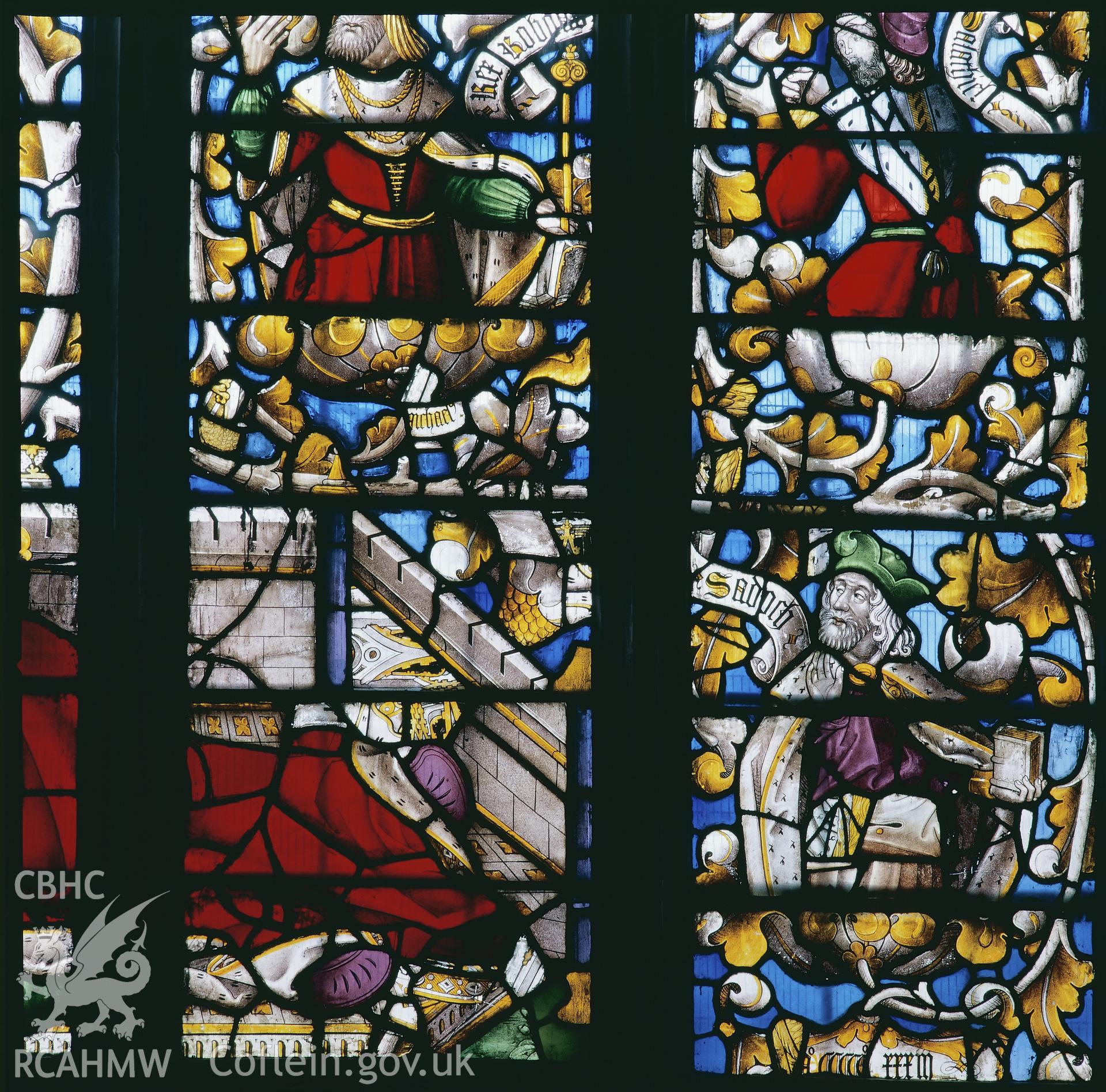 RCAHMW colour transparency of a stained glass window depicting the Jesse Tree in St. Dyfnog's Church, Llanrhaeadr-yng-Nghinmeirch, by Fleur James, 1986.