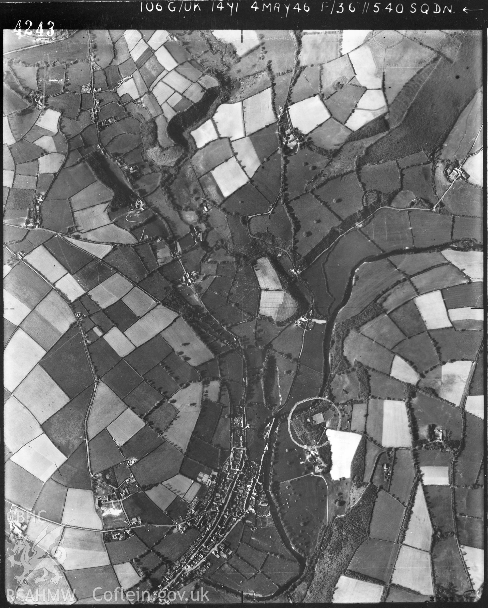 Black and white vertical aerial photograph taken by the RAF on 04/05/1946 centred on SN41774174 at a scale of 1:10000. The photograph includes part of Llandysul community in Ceredigion.