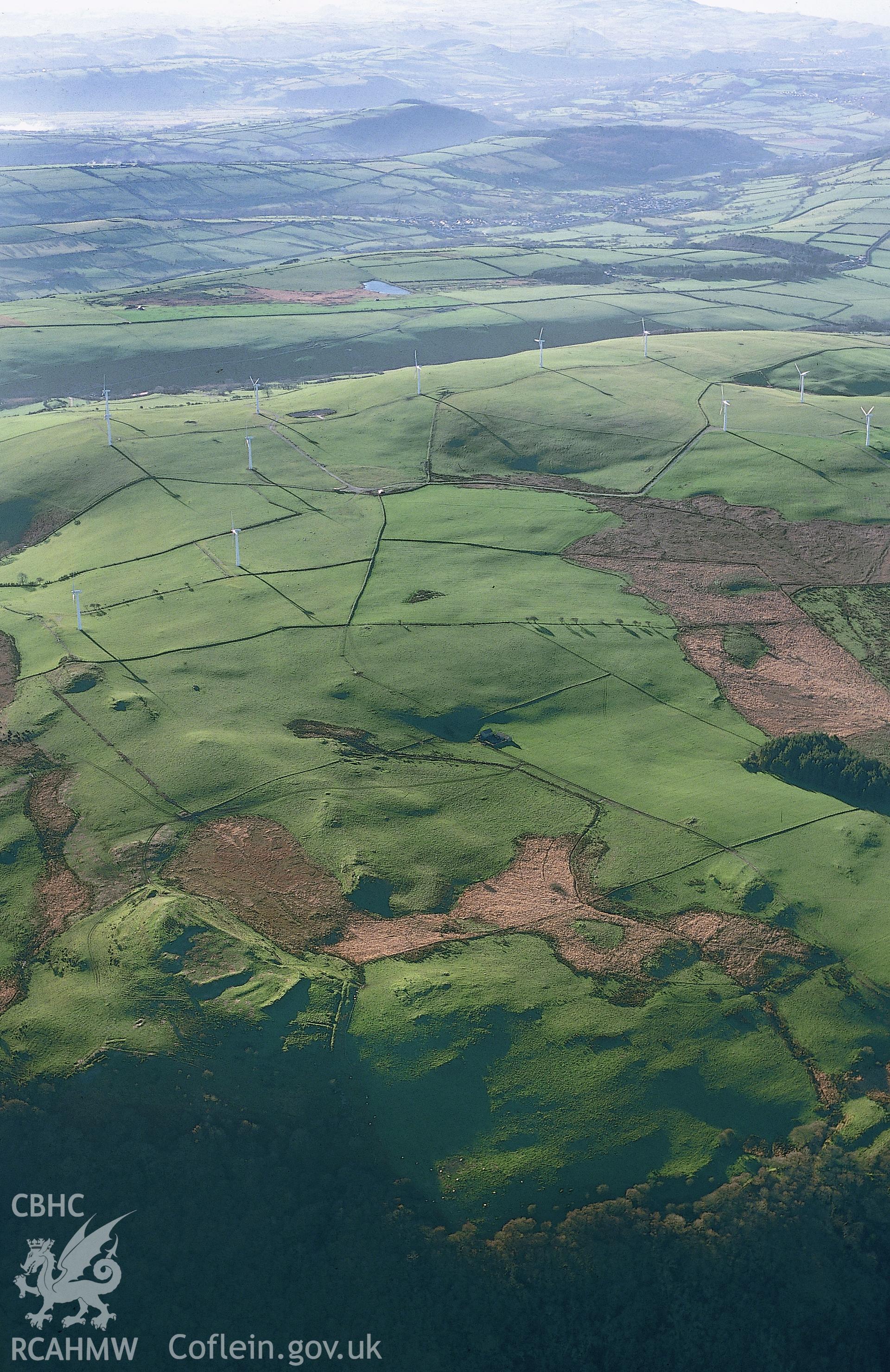 Slide of RCAHMW colour oblique aerial photograph of Pen Dinas Elerch and Mynydd Gorddu, taken by T.G. Driver, 2001.