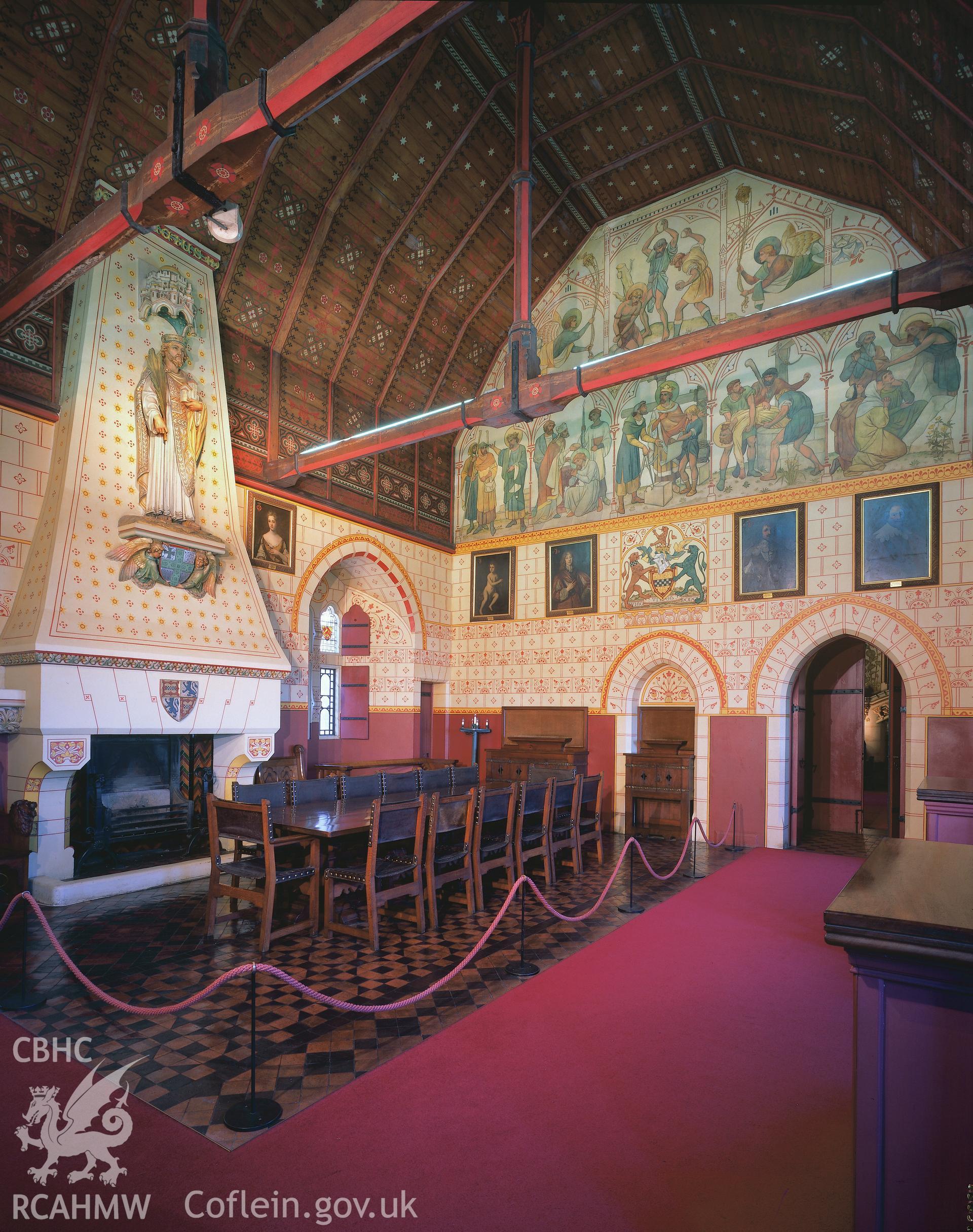 RCAHMW colour transparency of an interior view showing the banqueting hall at Castell Coch.