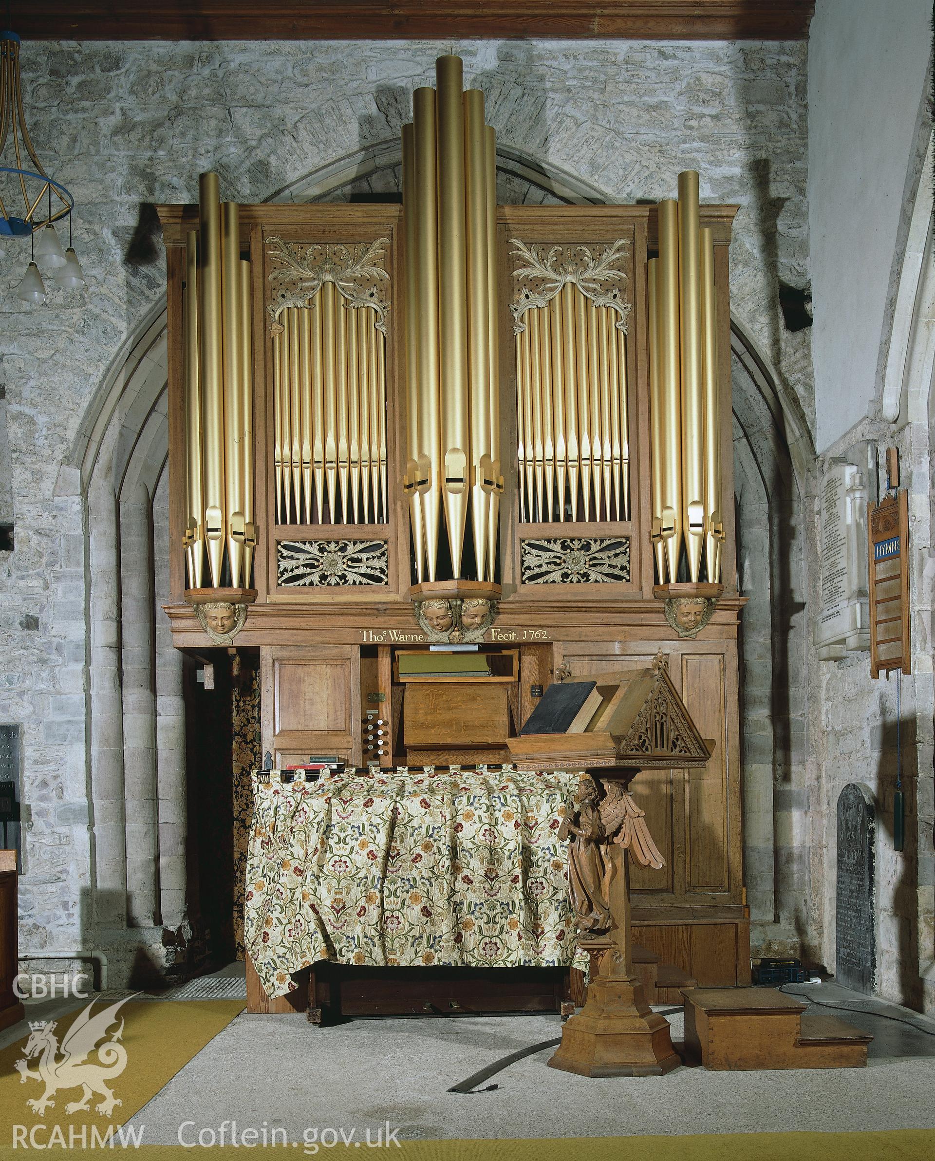 RCAHMW colour transparency showing view of the organ case at St Mary's Church, Kidwelly.
