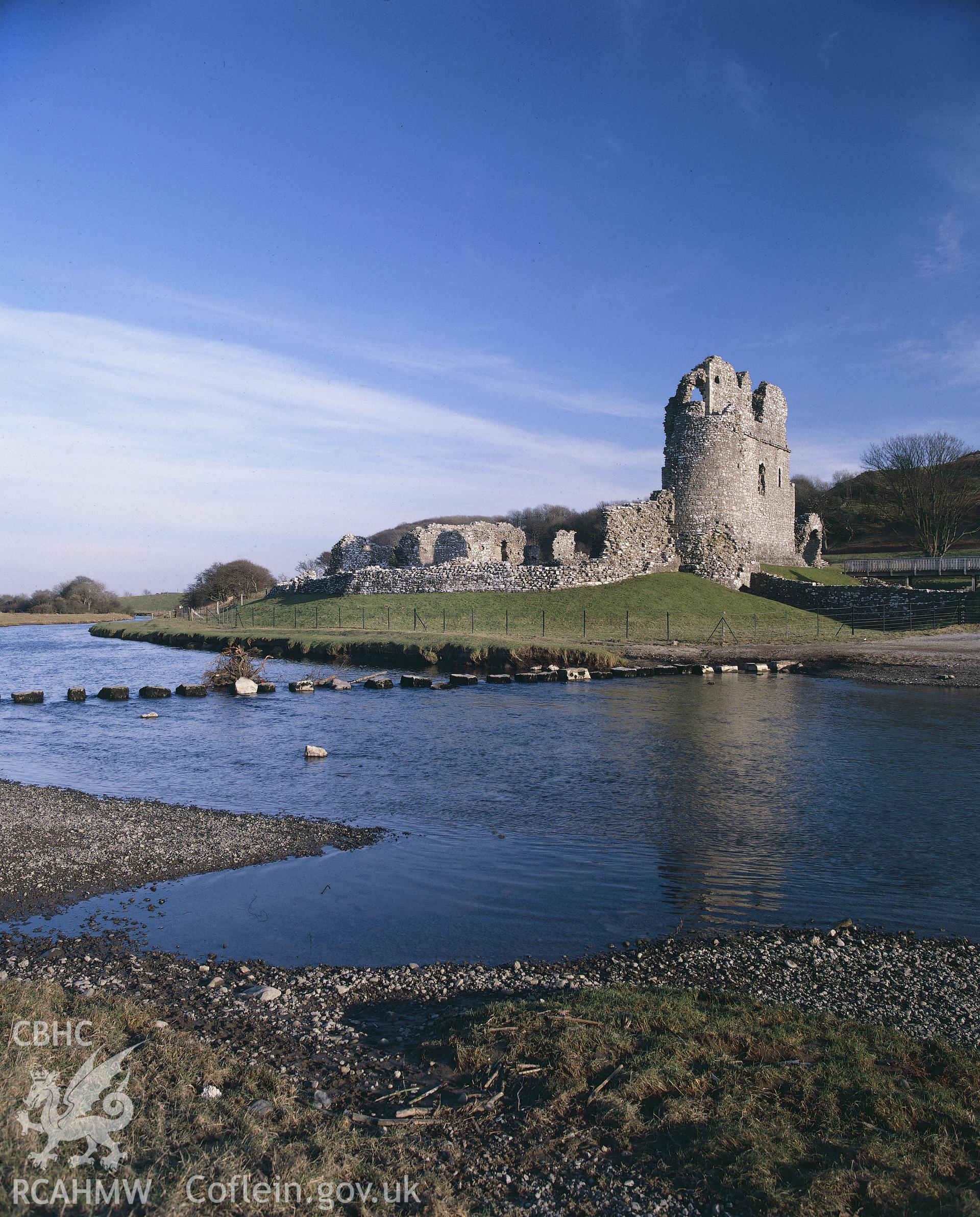 RCAHMW colour transparency showing Ogmore Castleand stepping stones
