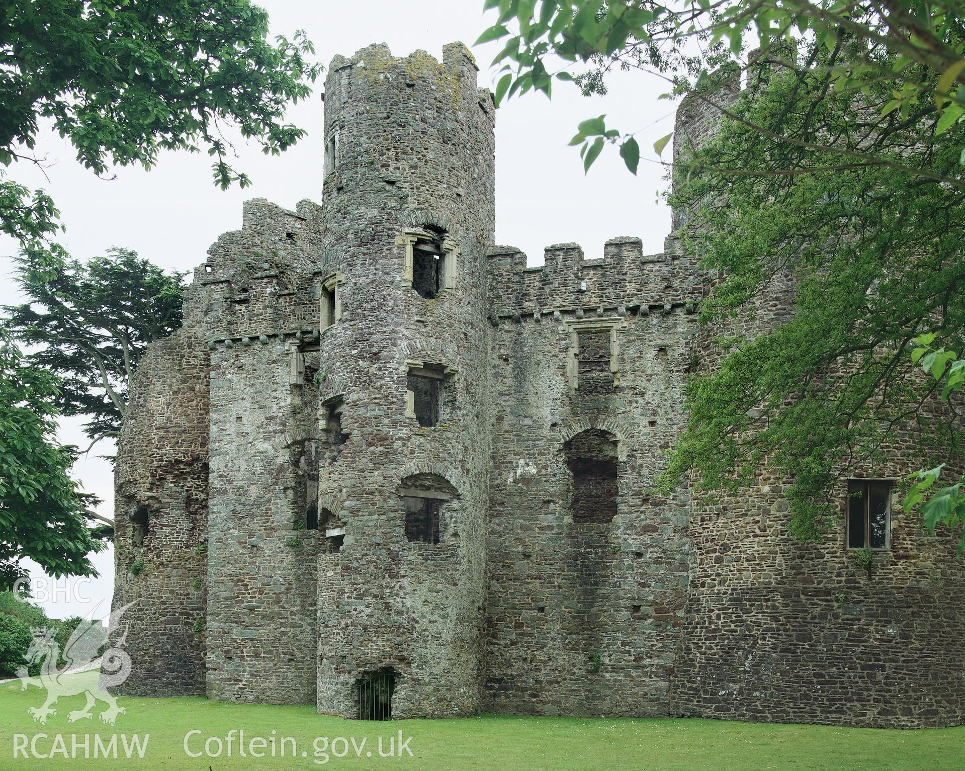 RCAHMW colour transparency showing view of Laugharne Castle.