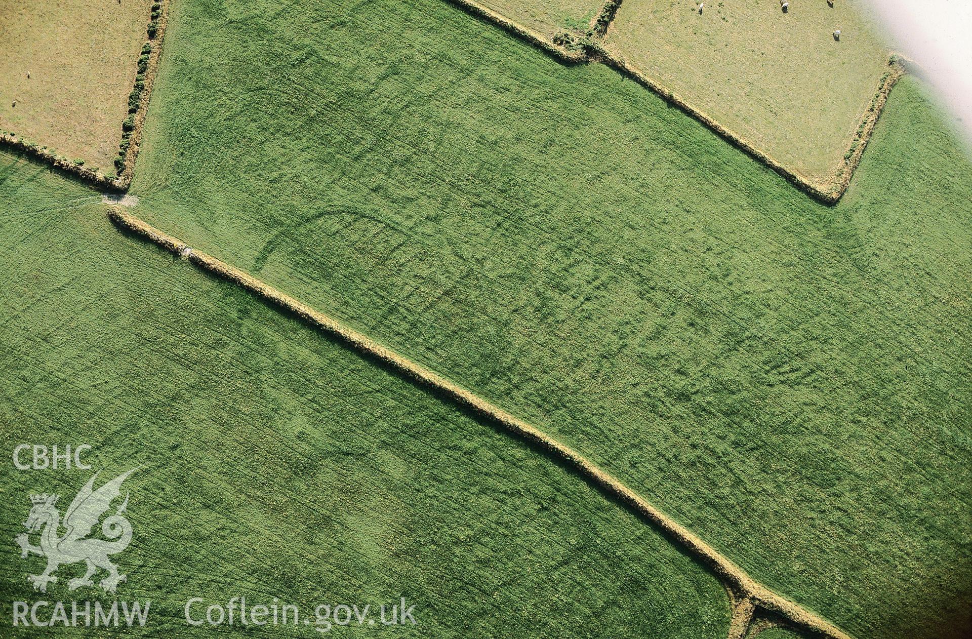 Slide of RCAHMW colour oblique aerial photograph showing cropmark at Nantcroy, Ferwig., taken by Chris Musson, 1989.