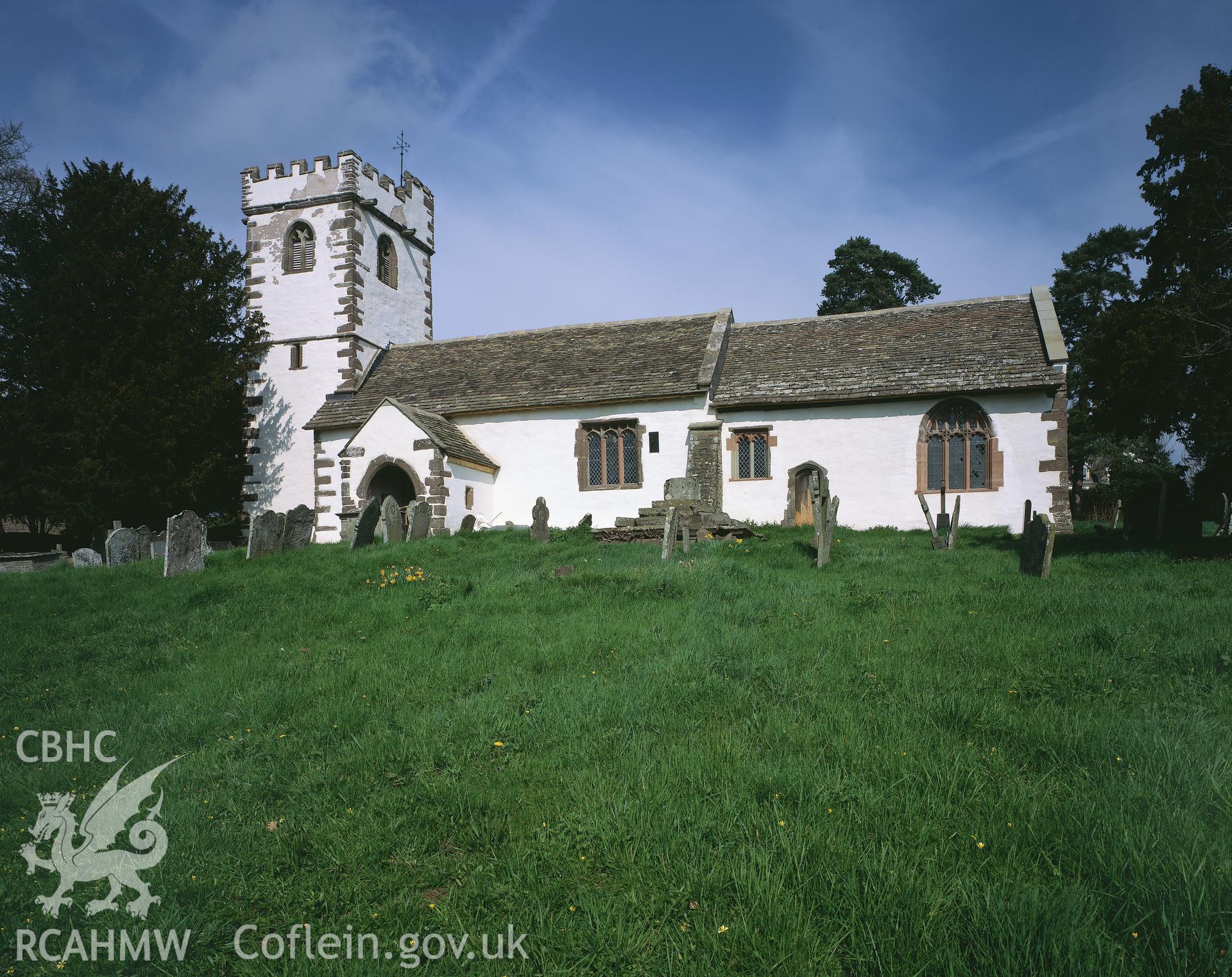 RCAHMW colour transparency showing exterior view of St Cadoc's Church, Llangattock Lingoed.