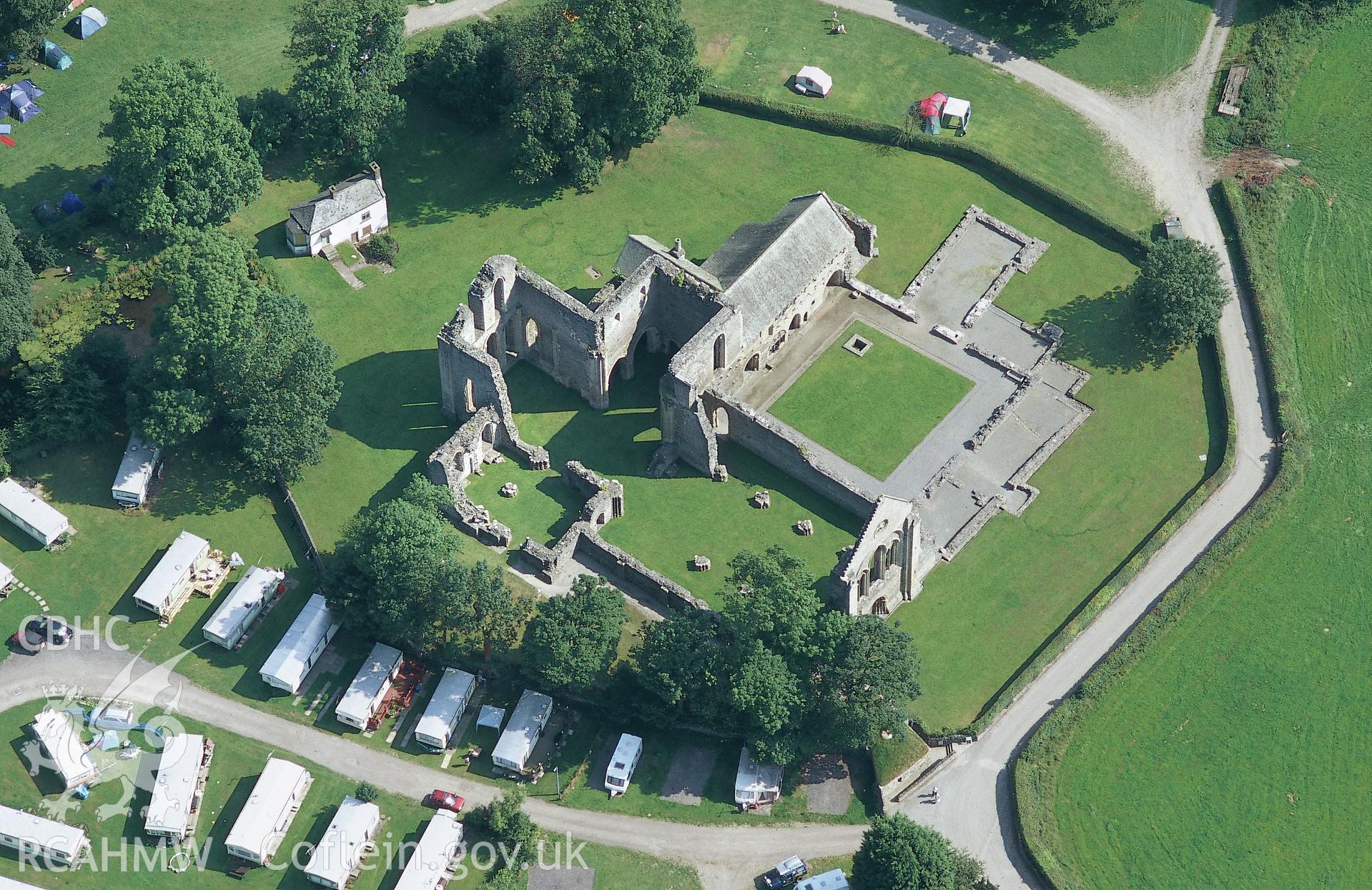 Slide of RCAHMW colour oblique aerial photograph of Valle Crucis Abbey, taken by Toby Driver, 2004.