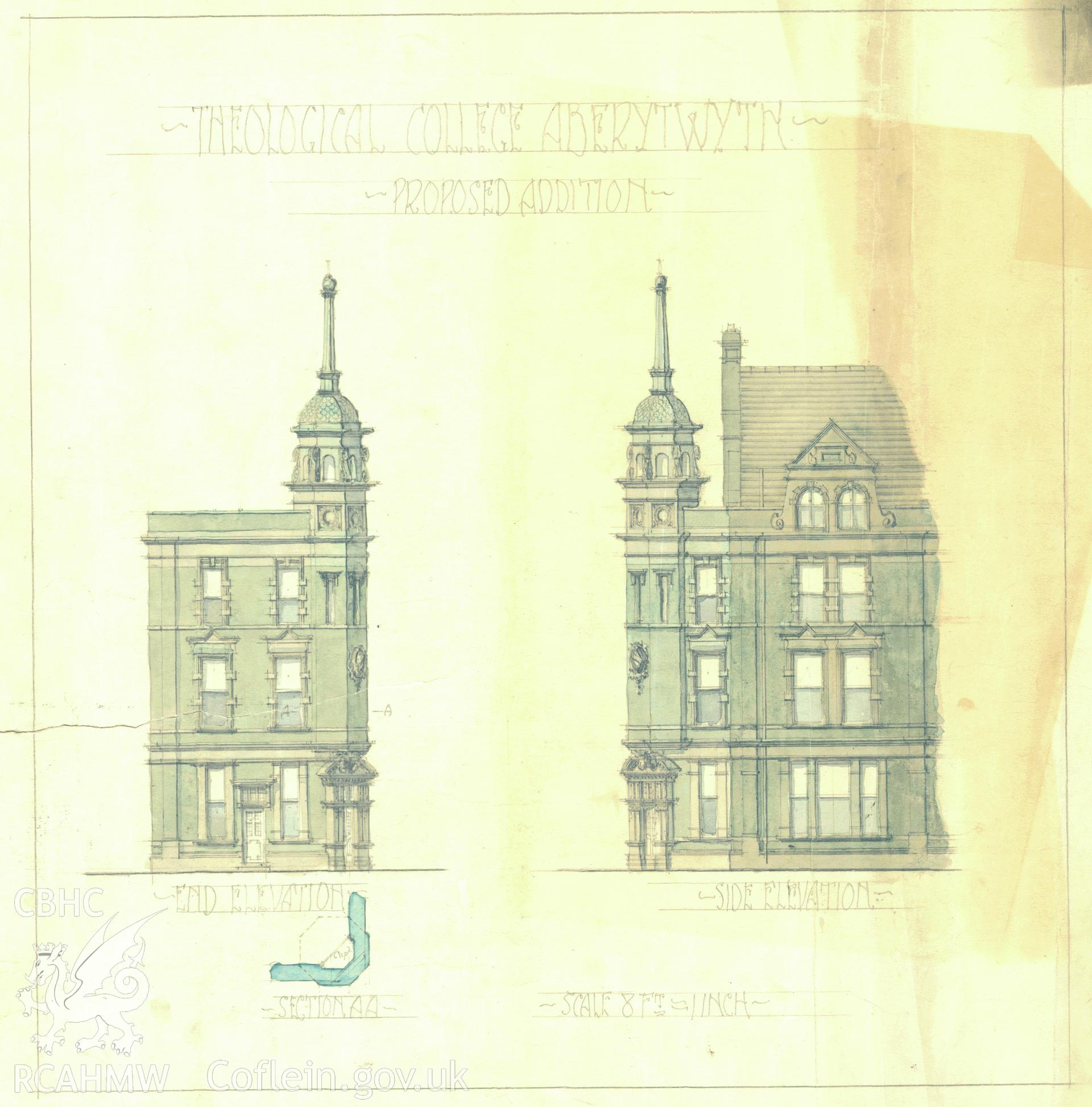 Colour wash archtitectural drawing of end and side elevation of a proposed addition to the United Theological College, Aberystwyth, (formerly the Hotel Cambria), c.1906.
