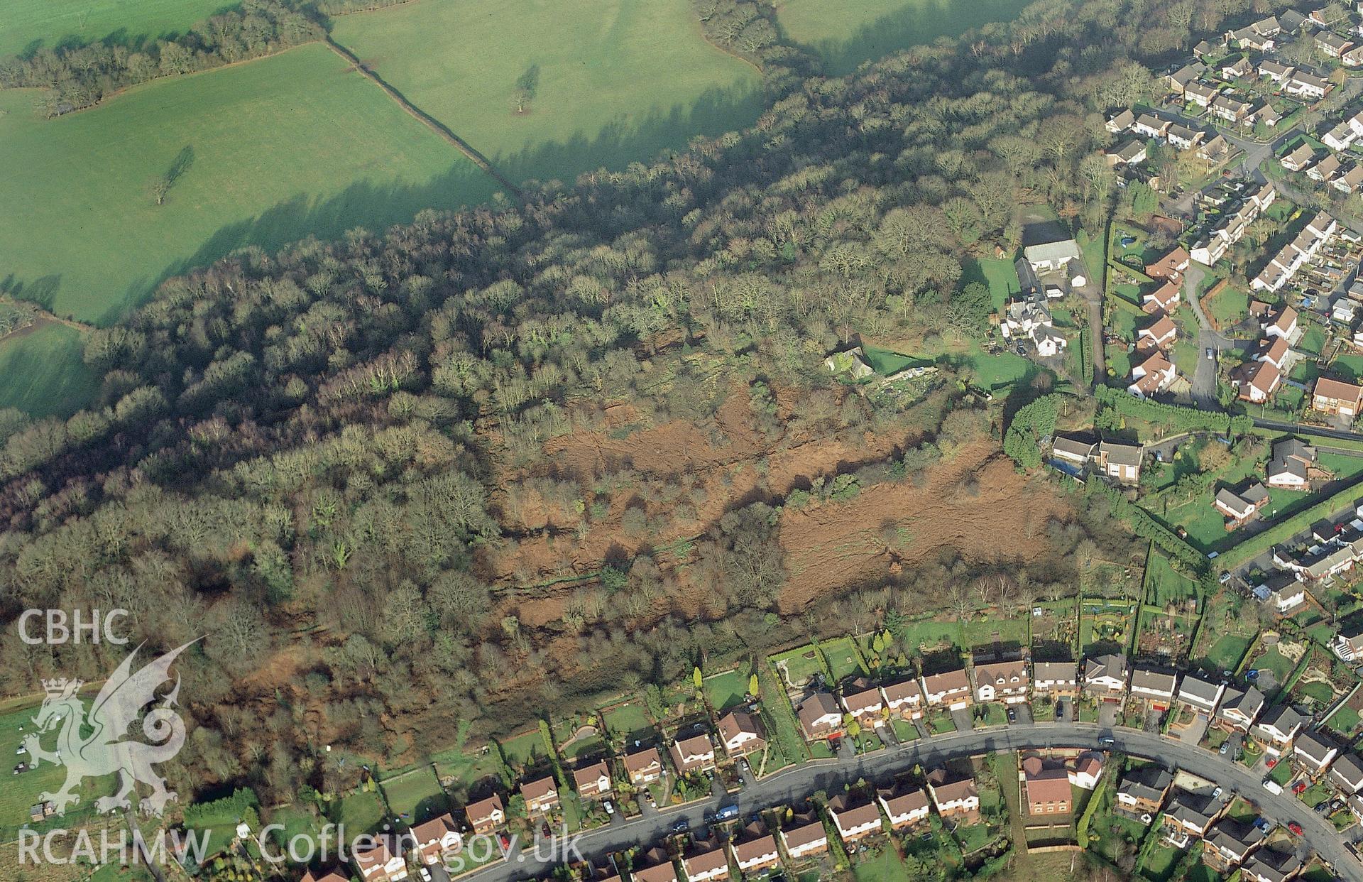 Slide of RCAHMW colour oblique aerial photograph of Lodge Wood Camp, taken by T.G. Driver, 2005.