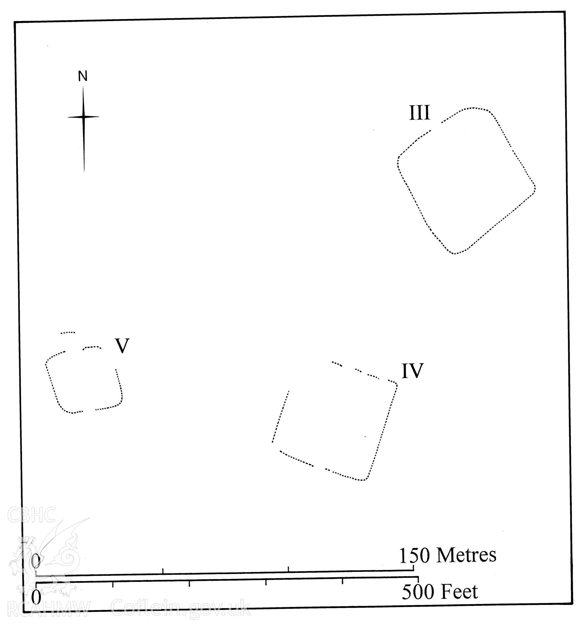 Figure 114: Paper and digitised copy of drawing of the Dolddinas practice camps III, IV and V, produced for University of Wales Press publication "Roman Camps in Wales and the Marches", by J.L. Davies and R.H. Jones, Board of Celtic Studies, University of Wales.