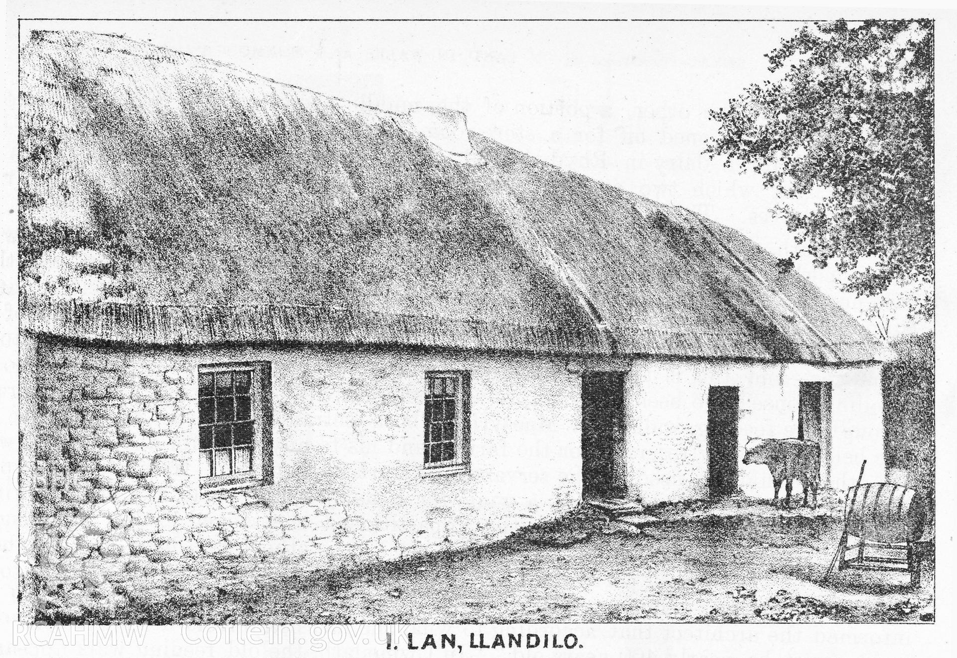 Lan, Llandeilo; brief note and black and white photograph copied from Iorweth Peate's The Welsh House, published by National Museum of Wales, 1944.