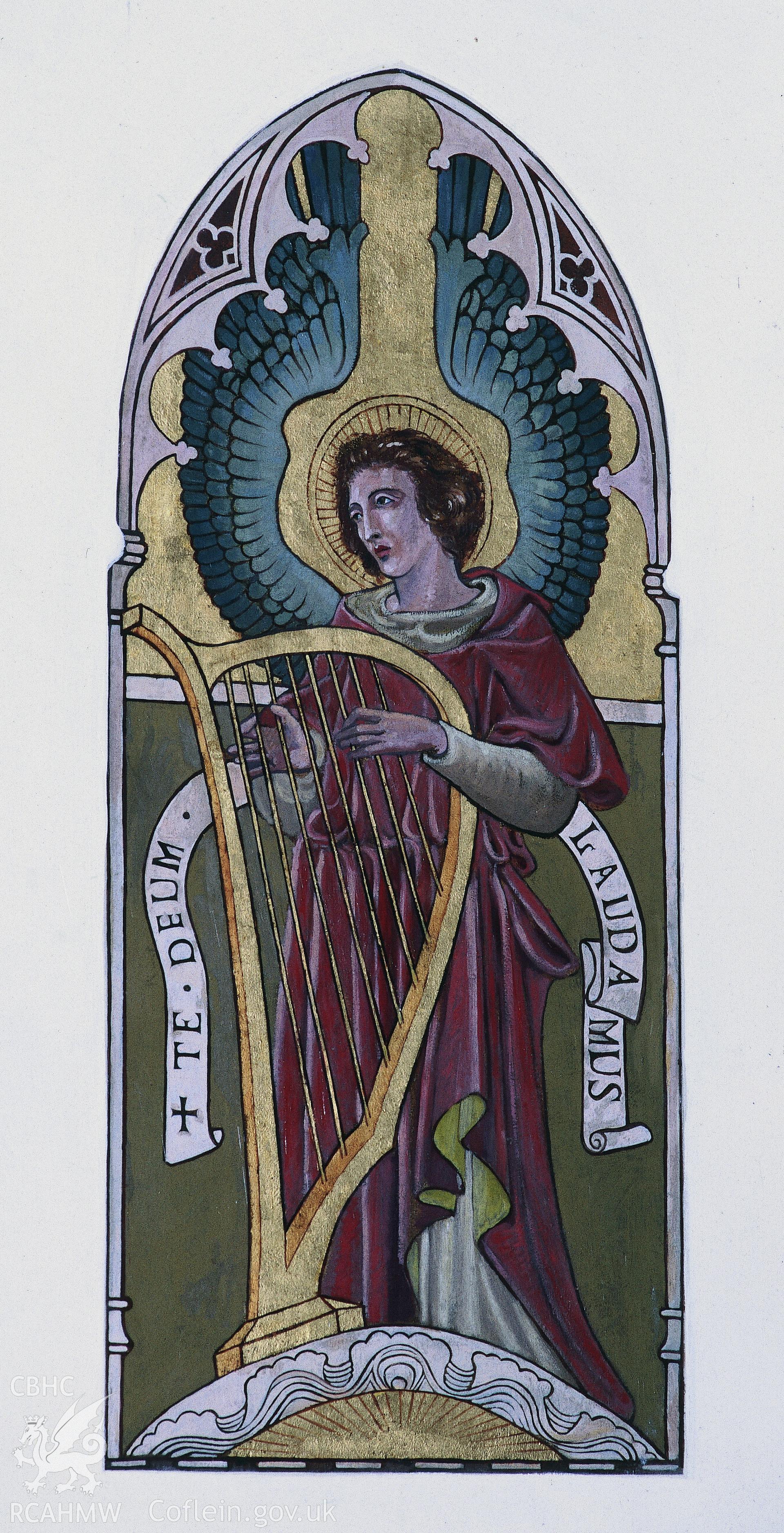 RCAHMW colour transparency of a  view of a wallpainting at Hawarden Church, depicting a harp playing angel, designed by Edward Burne-Jones.