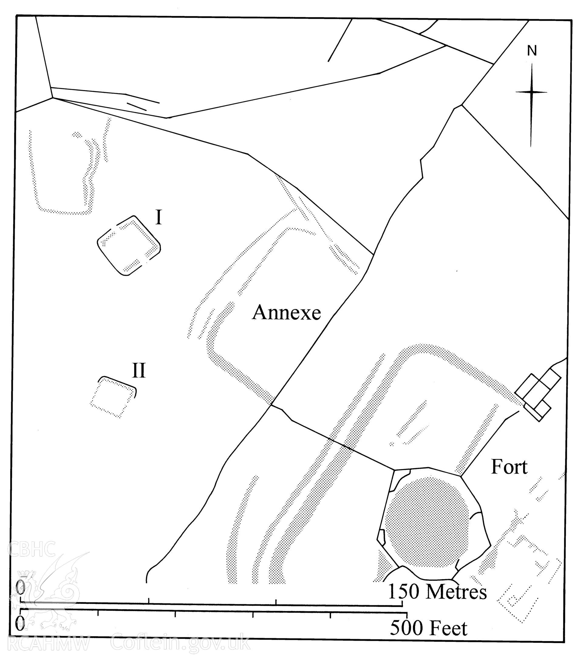 Figure 118: Paper and digitised copy of drawing of the Tomen y Mur W practice camps I and II, produced for University of Wales Press publication "Roman Camps in Wales and the Marches", by J.L. Davies and R.H. Jones, Board of Celtic Studies, University of Wales.