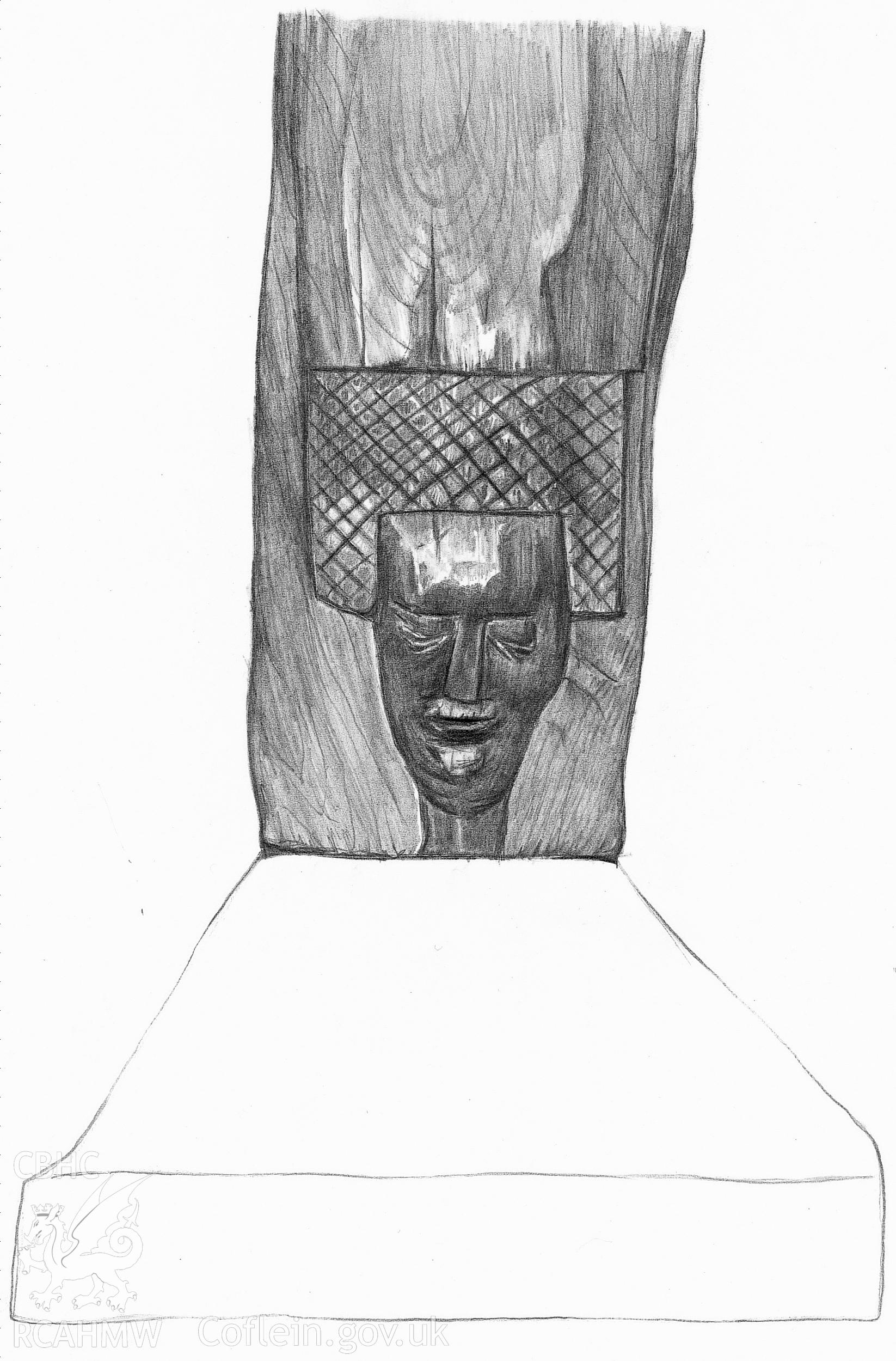 Pencil drawing of the figure of a late medieval lady carved at the cruck base at the Old Vicarage, Glasbury, Radnor, as published in the RCAHMW volume, Houses and History in the Marches of Wales. Radnorshire 1400-1800,  page 82, figure 81.