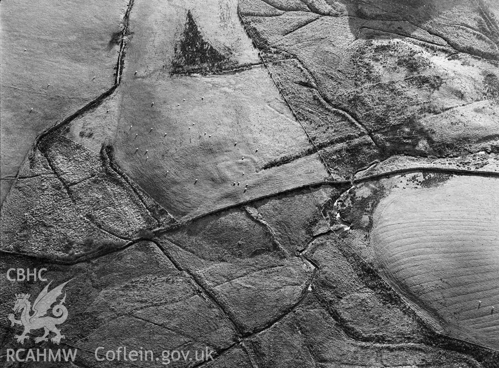 RCAHMW black and white oblique aerial photograph of the Dolbelydr Roman practice camp taken on 17 December 2001.