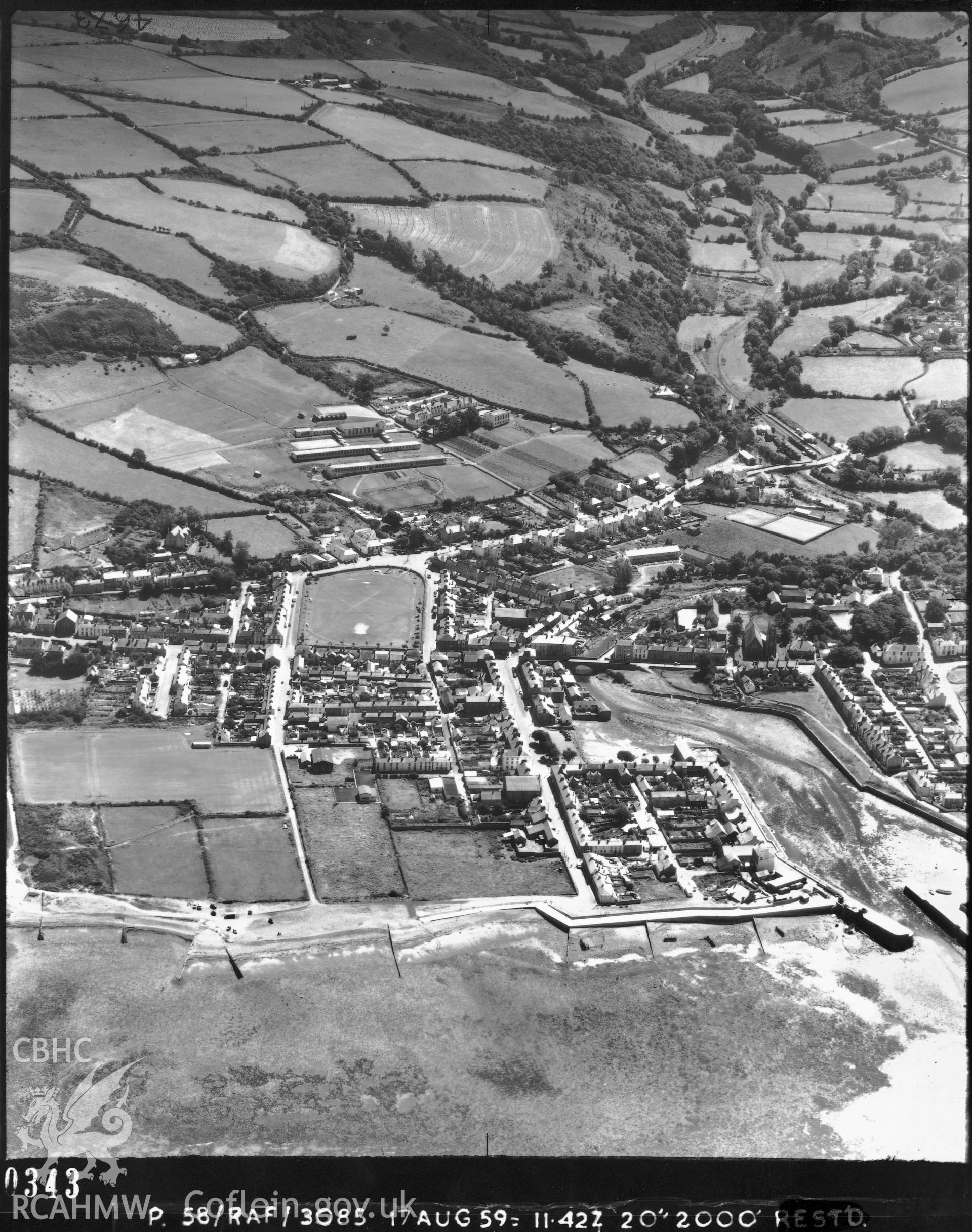 Black and white vertical aerial photograph taken by the RAF on 1959 centred on Aberaeron at a scale of 1:10000.