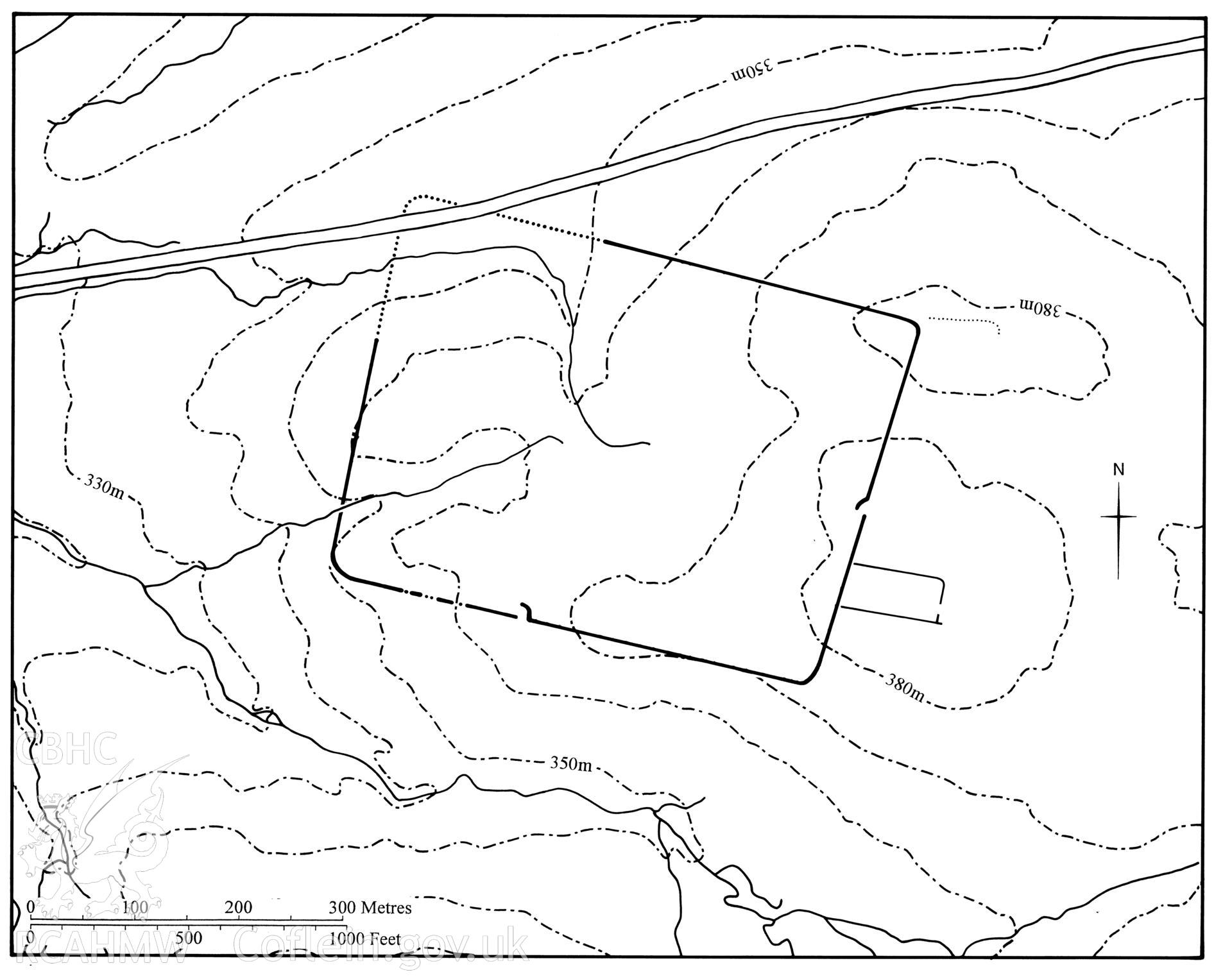 Figure 63: Paper and digitised copy of drawing of Arosfa Garreg Roman marching camp, produced for University of Wales Press publication "Roman Camps in Wales and the Marches", by J.L. Davies and R.H. Jones, Board of Celtic Studies, University of Wales.
