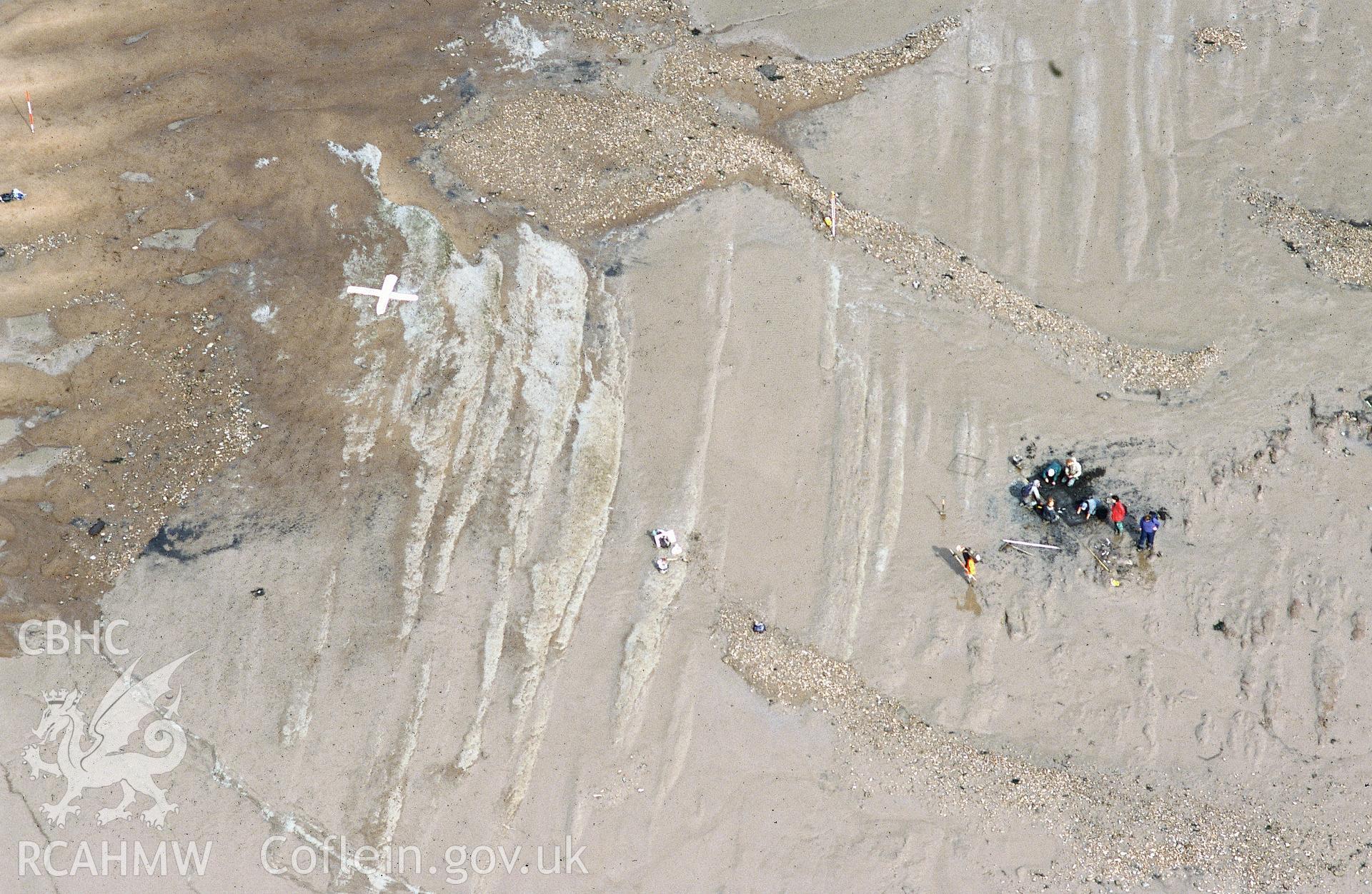 RCAHMW colour slide oblique aerial photograph of Gwent Levels and Goldcliff excavations,  taken by Toby Driver, 2001
