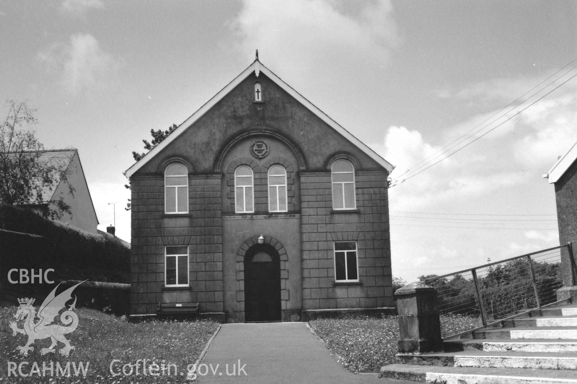 Digital copy of a black and white photograph showing a general view of Pen y Bont Independent Chapel, Hayscastle, taken by Robert Scourfield, 1996.