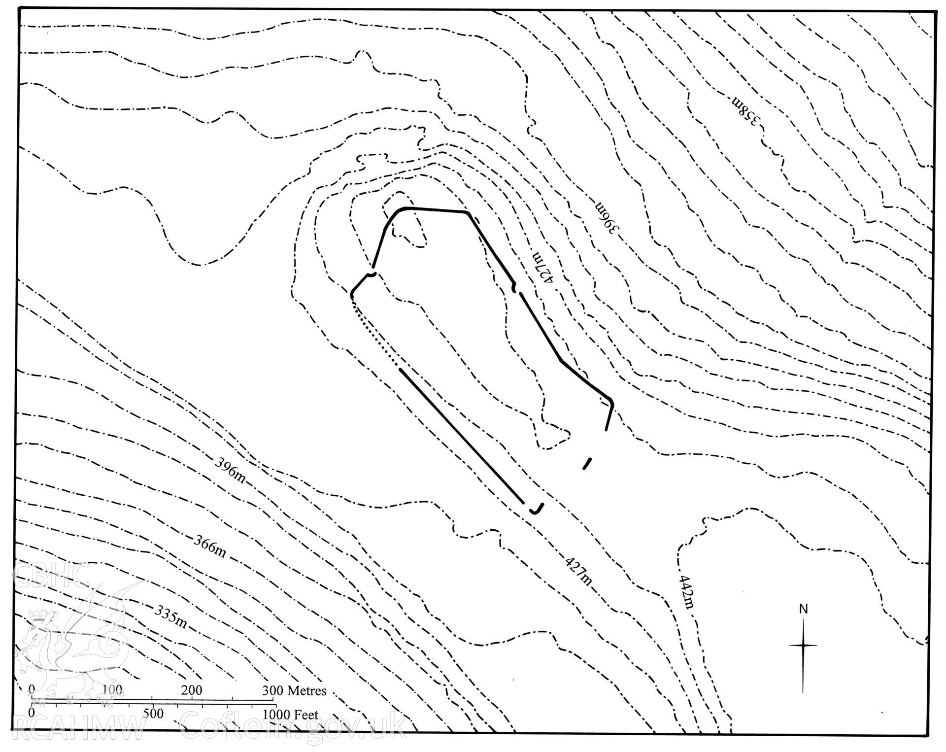 Figure 75: Paper and digitised copy of drawing of Twyn y Briddallt Roman marching camp, produced for University of Wales Press publication "Roman Camps in Wales and the Marches", by J.L. Davies and R.H. Jones, Board of Celtic Studies, University of Wales.
