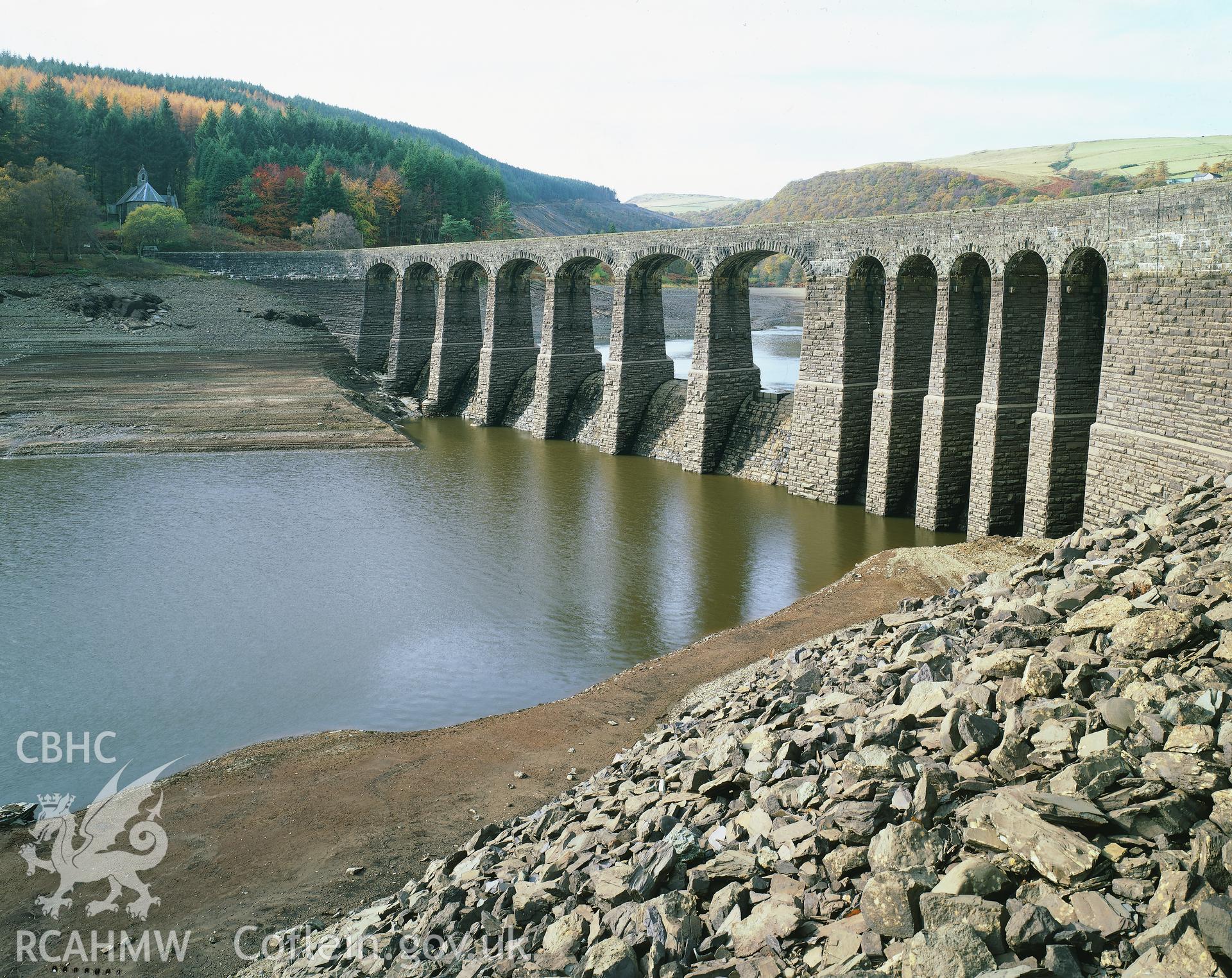 RCAHMW colour transparency of a general view at low water level of Pen y Garreg Dam.