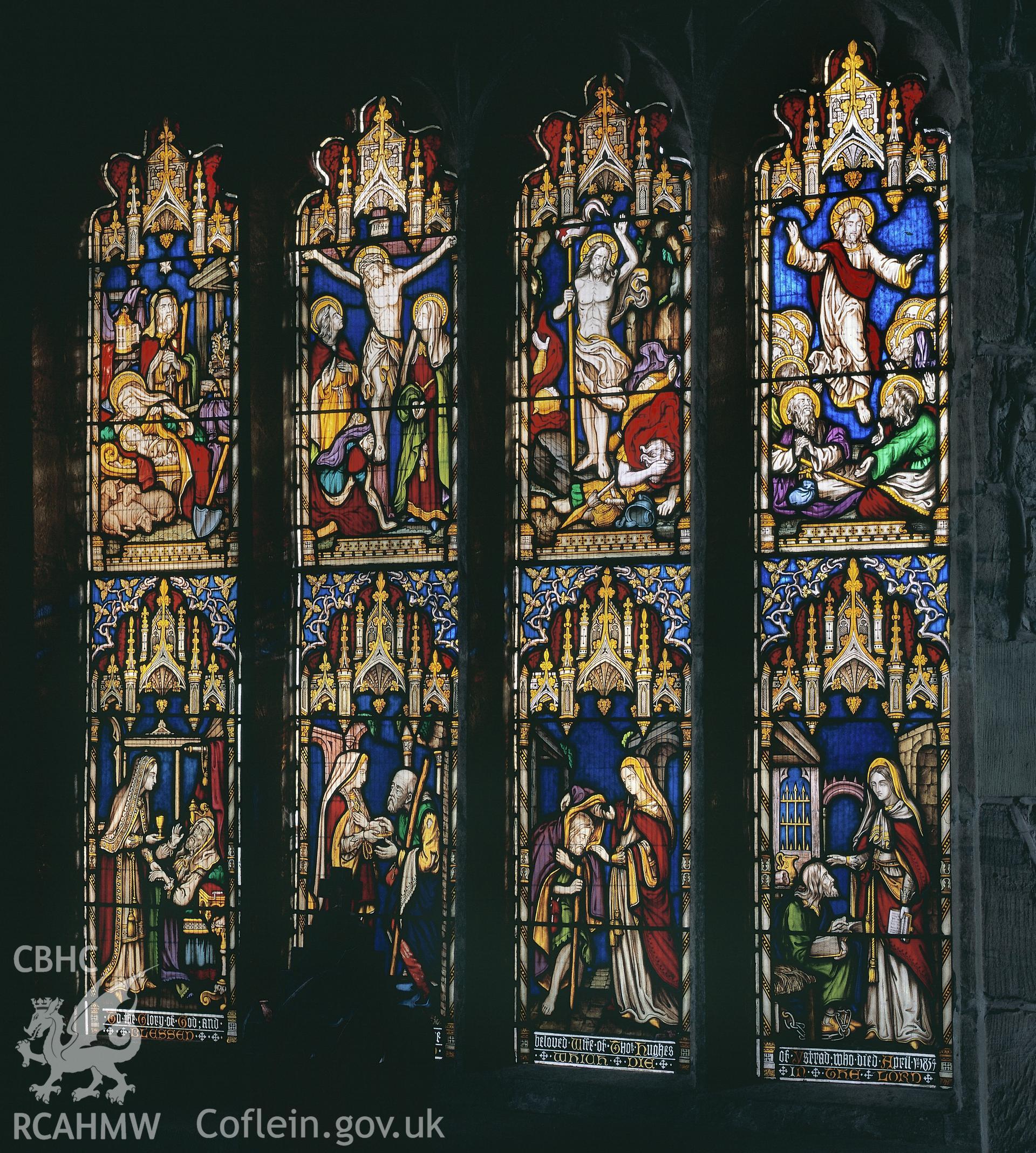 RCAHMW colour transparency of a stained glass window depicting scenes from the life of Christ  in St. Dyfnog's Church, Llanrhaeadr-yng-Nghinmeirch, by Fleur James, 1986.