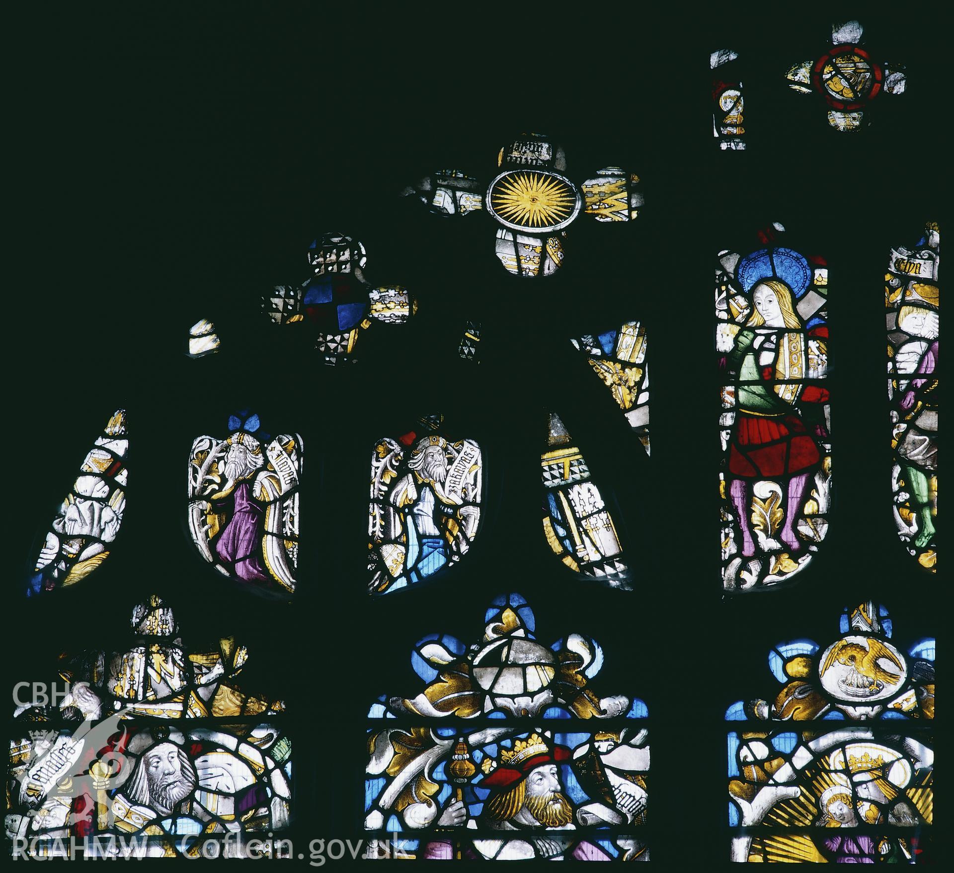 RCAHMW colour transparency of a stained glass window depicting the Jesse Tree in St. Dyfnog's Church, Llanrhaeadr-yng-Nghinmeirch, by Fleur James, 1986.