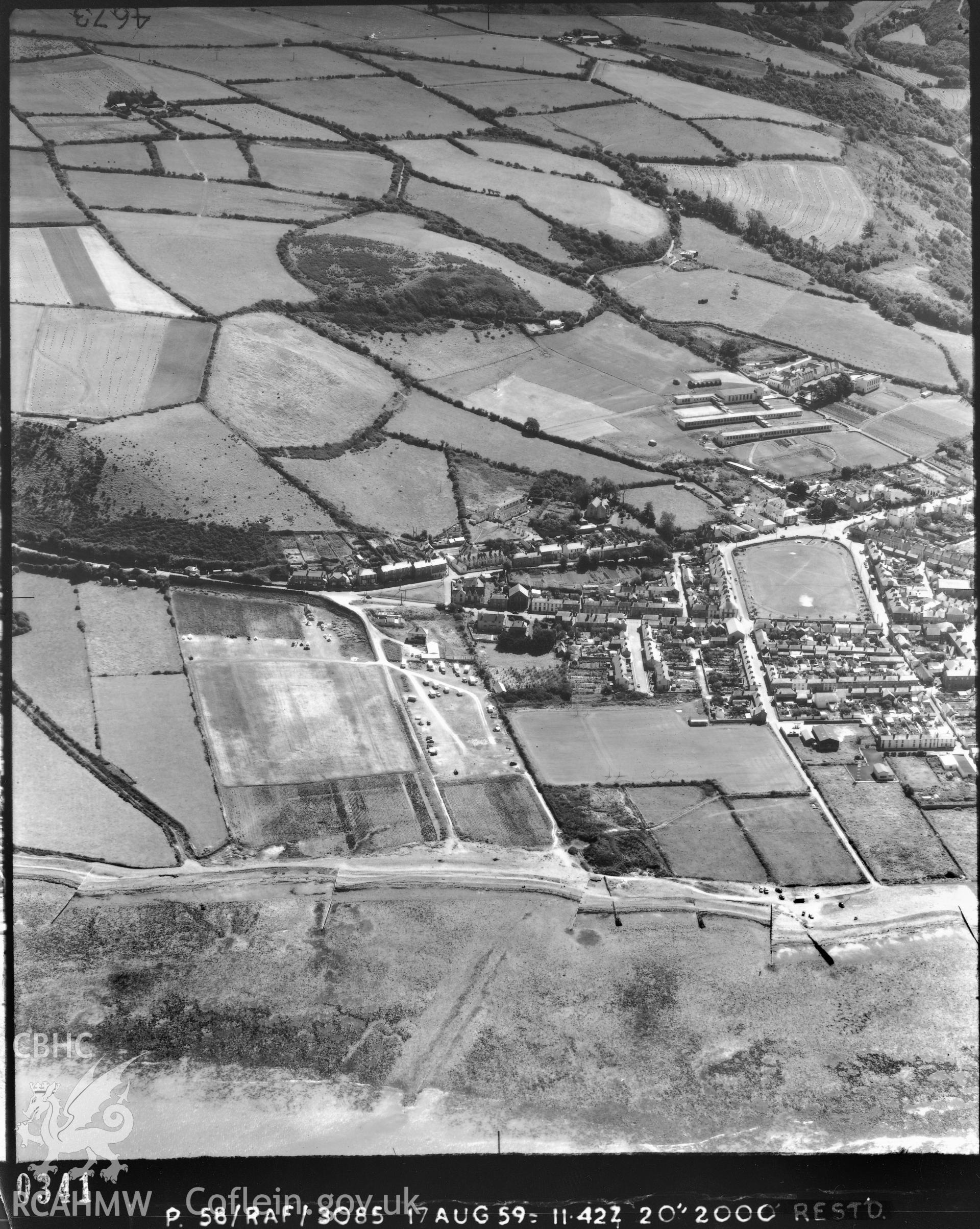 Black and white vertical aerial photograph taken by the RAF on 1959 centred on Aberaeron at a scale of 1:10000.