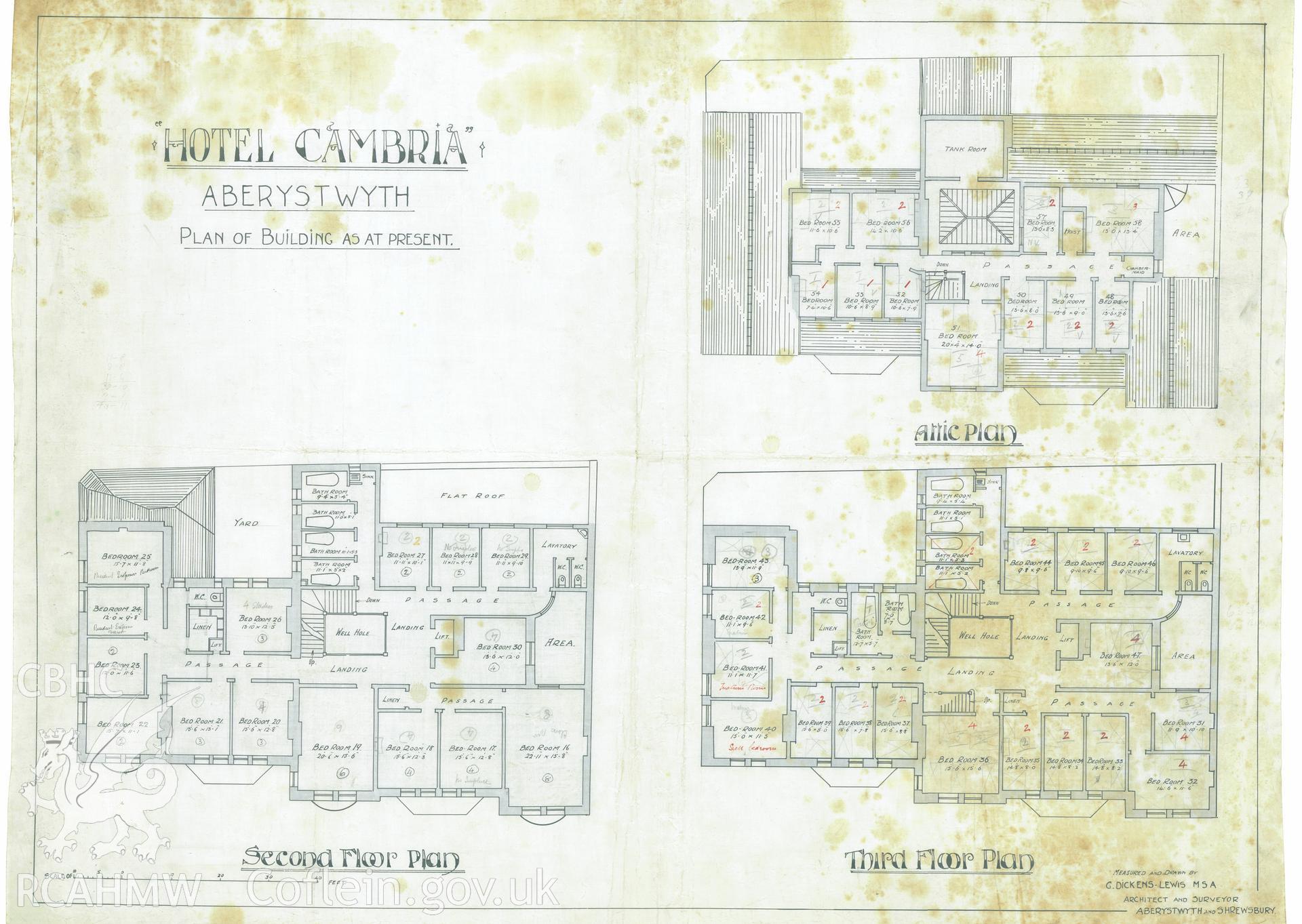 Digital copy of a pen and ink architectural drawing of the second, third and attic floor plans, with colour/pencil notations, of the former Hotel Cambria, soon to become the United Theological College, Aberystwyth, c.1906. Copied from originals in the possession of UCW Lampeter.
