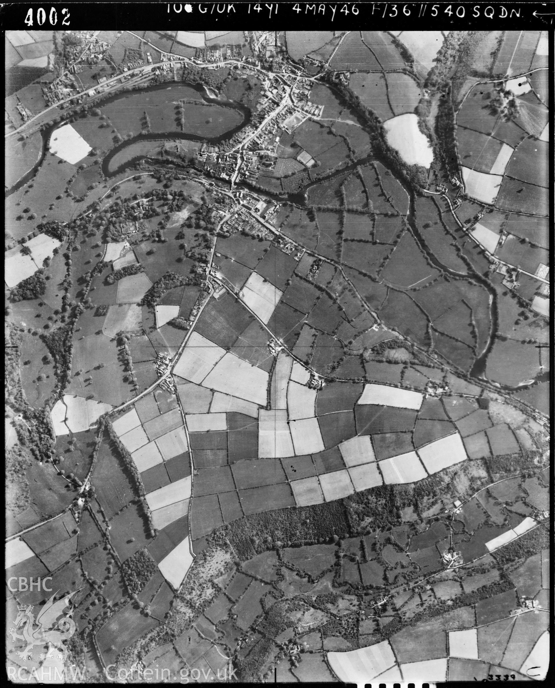Black and white vertical aerial photograph taken by the RAF on 04/05/1946 centred on SN30714162 at a scale of 1:10000. The photograph includes Newcastle Emlyn, and surrounding area .
