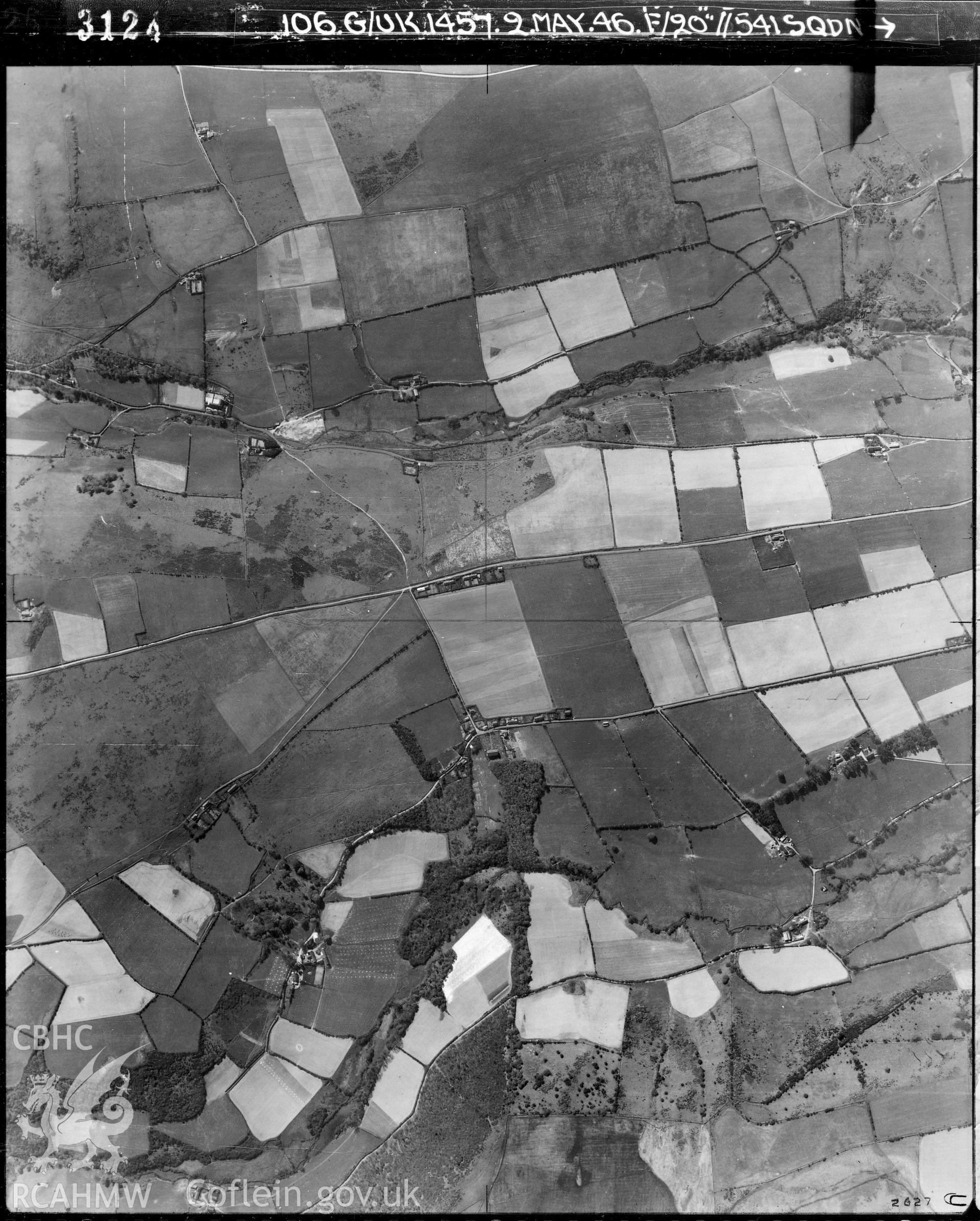 Black and white vertical aerial photograph taken by the RAF on 02/05/1946 centred on SN66888413 at a scale of 1:10000. The photograph includesthe village of Salem,  part of Trefeurig community in Ceredigion.