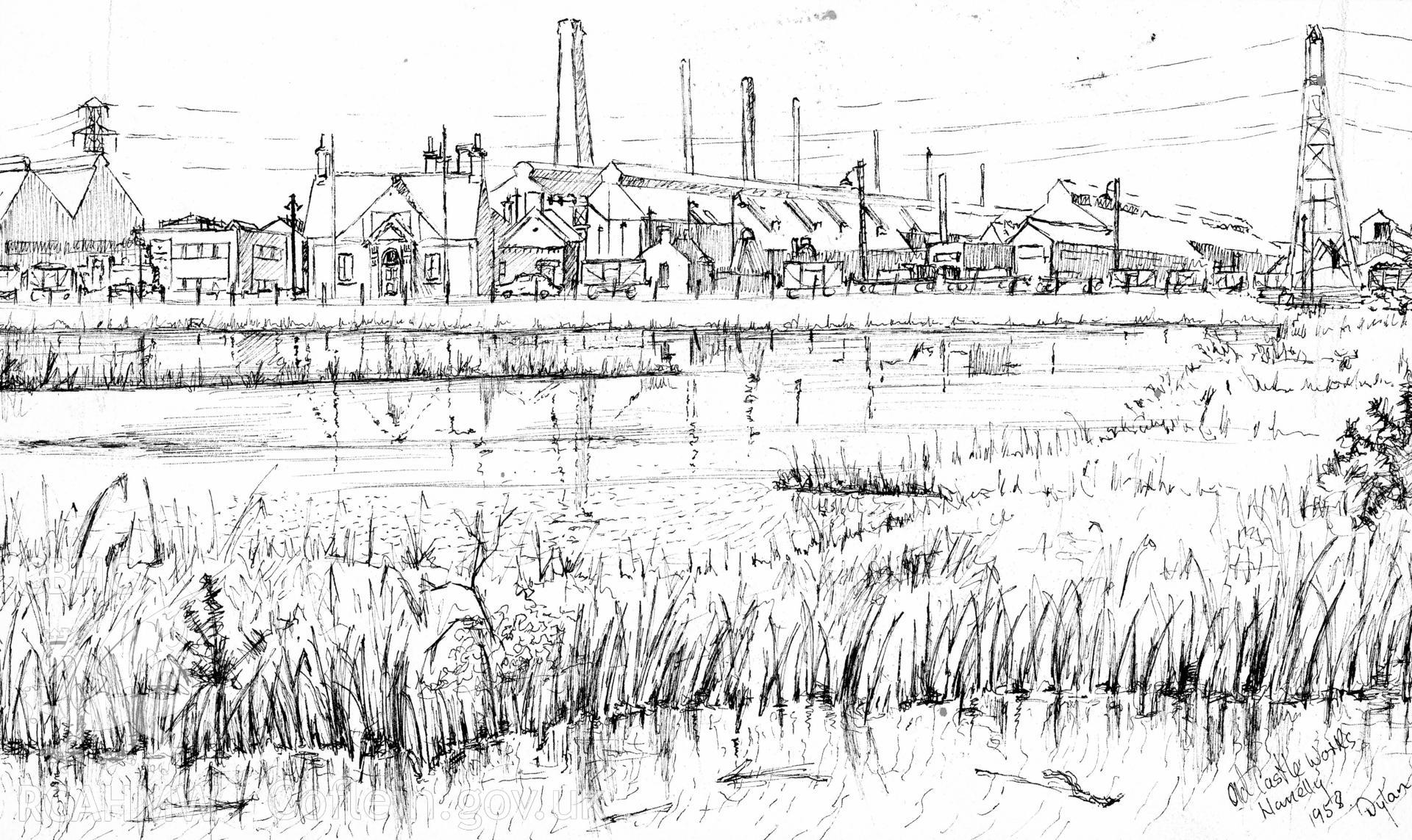 Pen and ink sketch by Dylan Roberts, showing  landscape view of Old Castle Works, Llanelli.